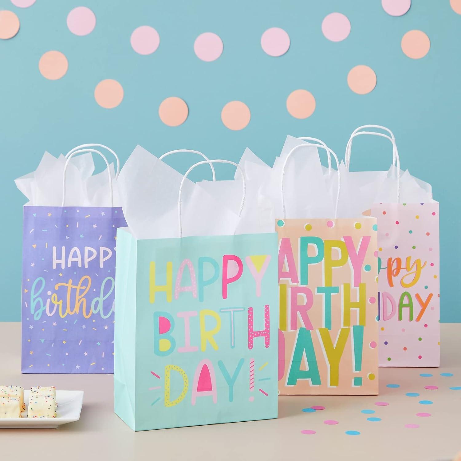 Sparkle and Bash 24 Pack 8 x 10 x 4 Inch Happy Birthday Gift Bags with Handles and 24 Sheets White Tissue Paper, 4 Pastel Colors