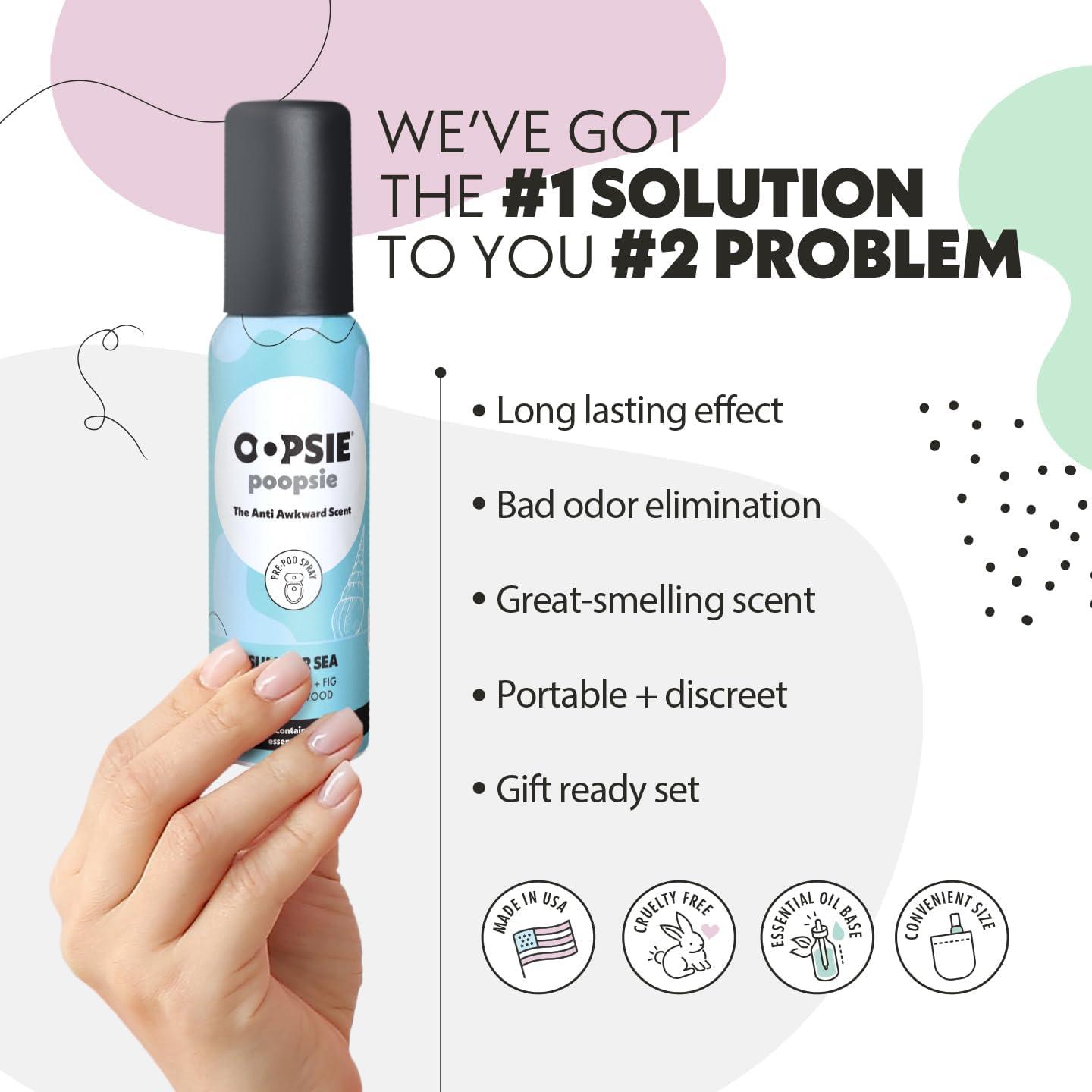 Oopsie Poopsie Pre-Poo toilet spray, discreet & portable original odor deodorizer scents. Pocket-friendly pre-poo spray to use on the go 2oz 8-bottle variety pack for 8-distinct aroma experience