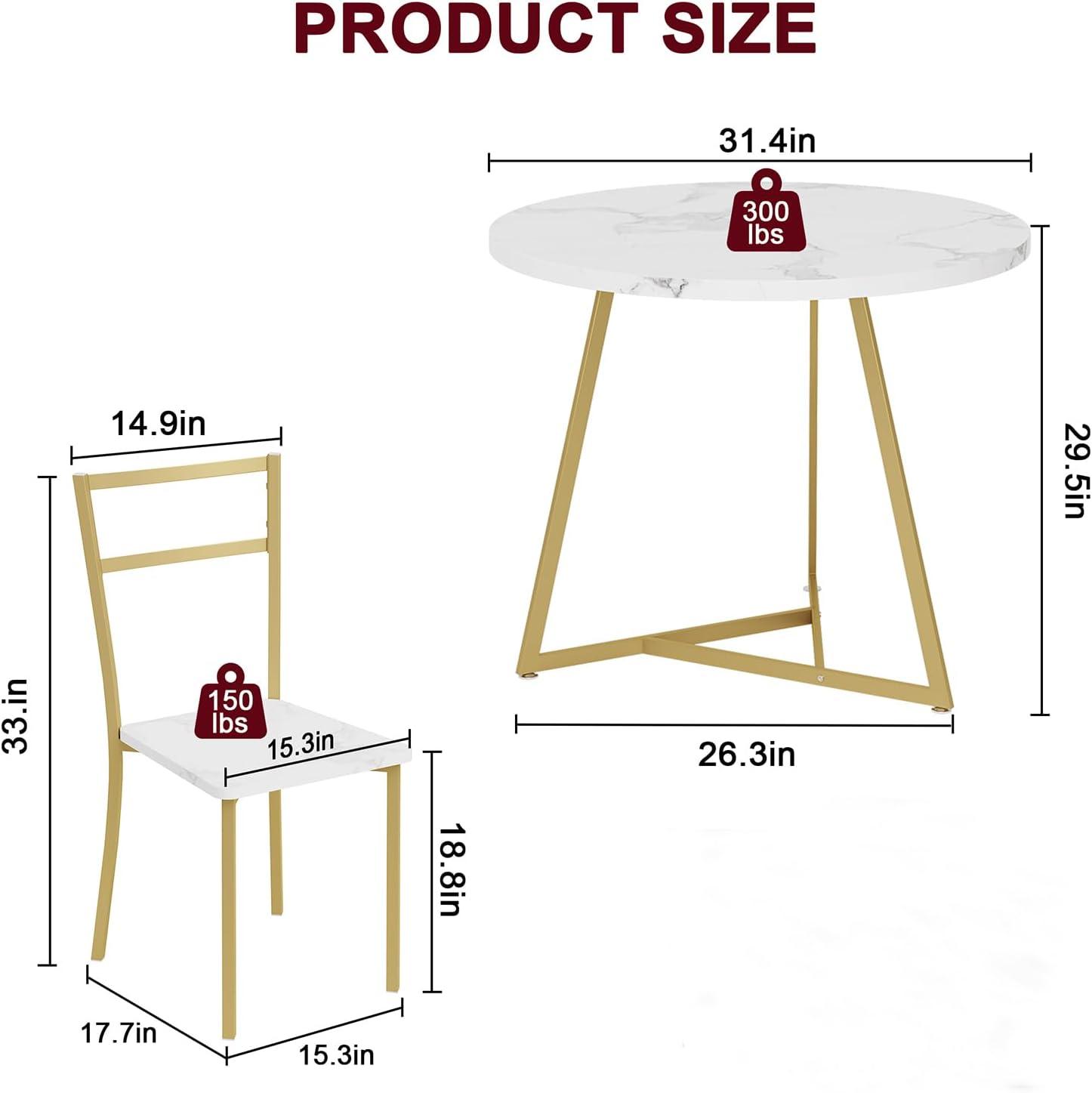 Marble White and Gold Round Dining Table Set for 2