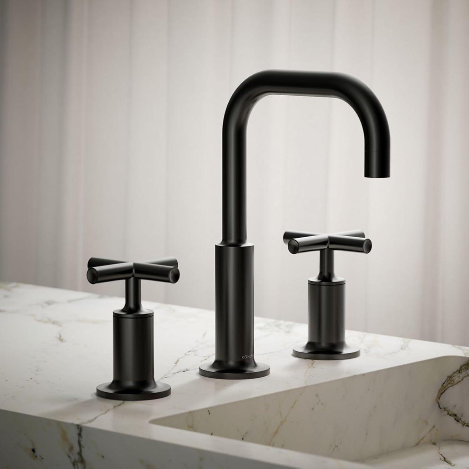 Kohler Purist® Widespread Bathroom Faucet with Pop-Up Drain Assembly, 3-Hole High Arc Cross Handle Bathroom Sink Faucet, 1.2 gpm