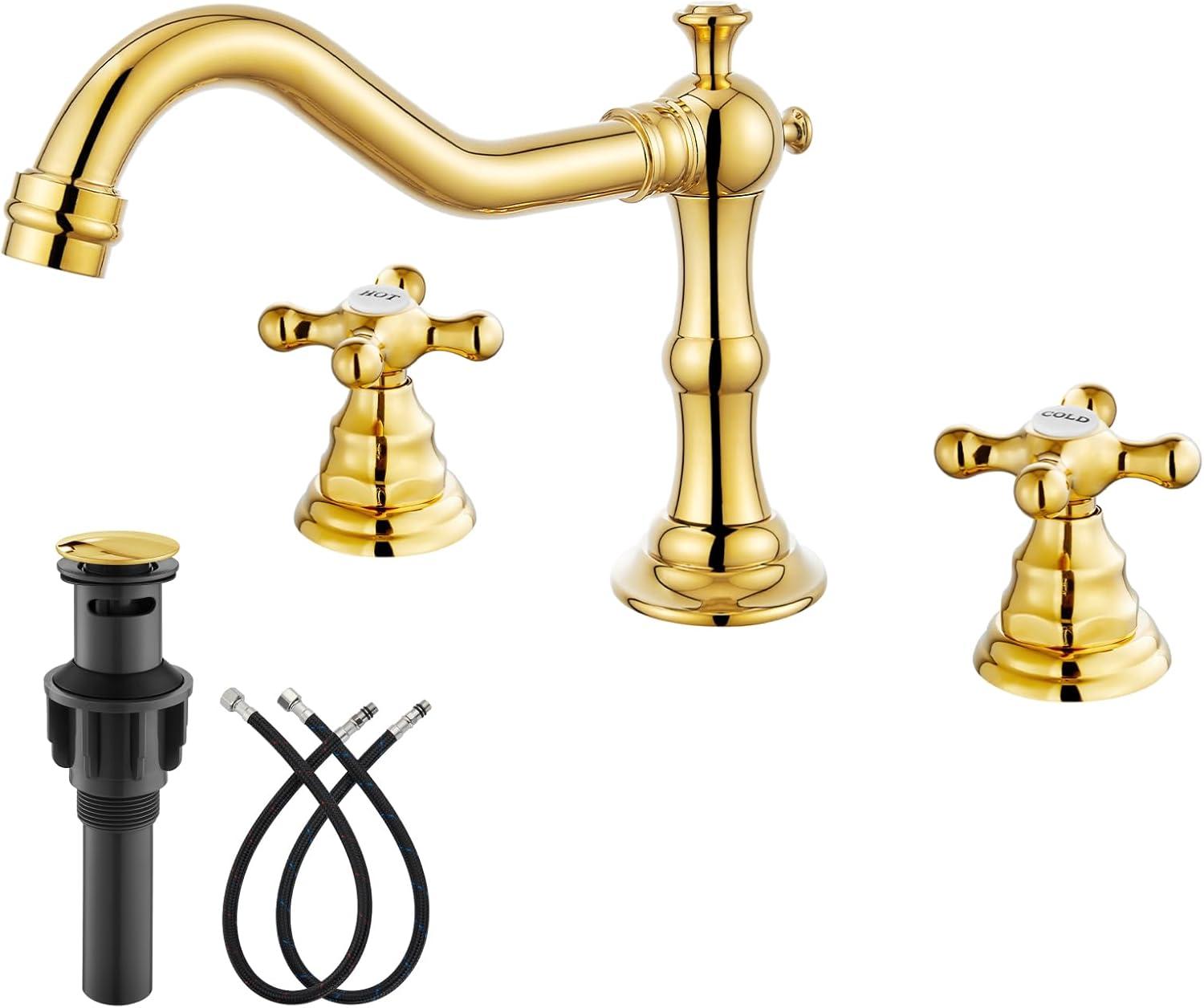 Polished Gold Brass Widespread Bathroom Faucet with Pop-Up Drain