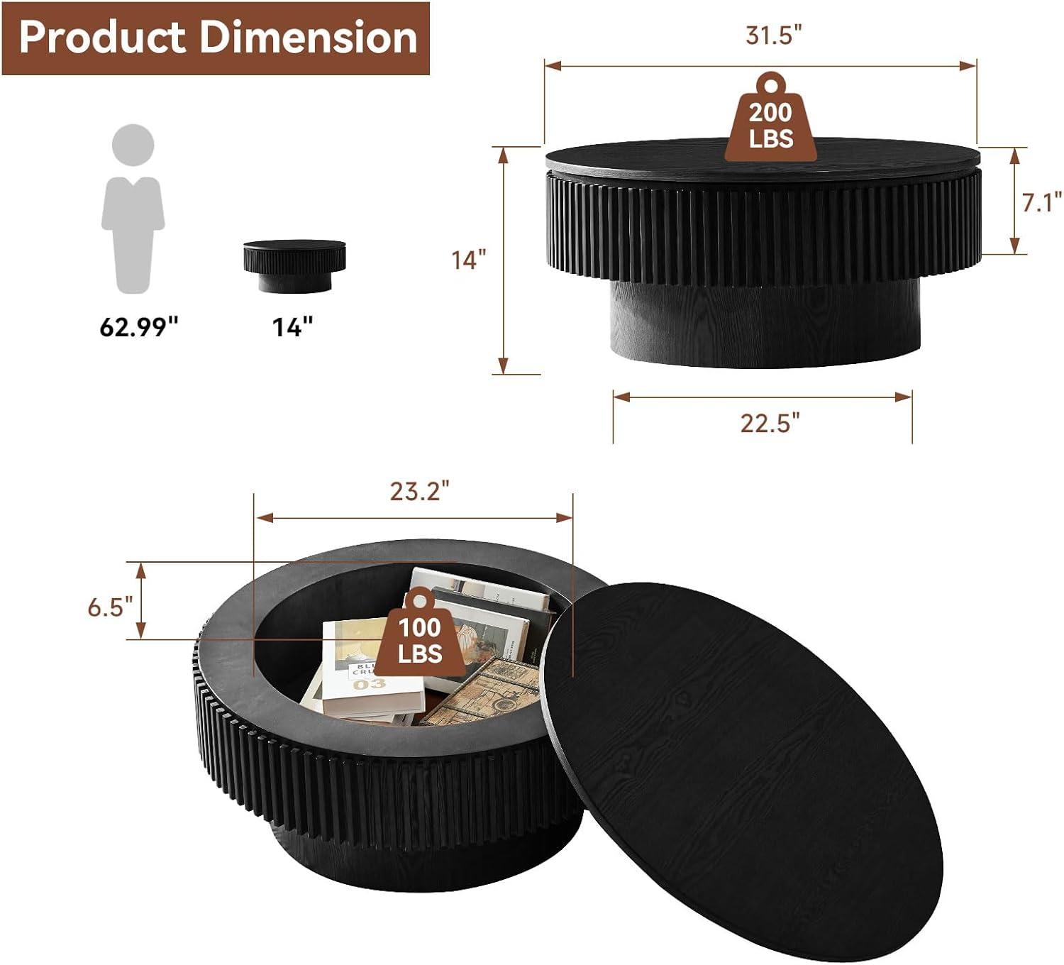 Round Coffee Table with Storage, Modern Wooden Coffee Table with Solid Wood Veneered, 31.5" Small Circle Center Table,Tea Table for Living Room,Home Small Space,Black