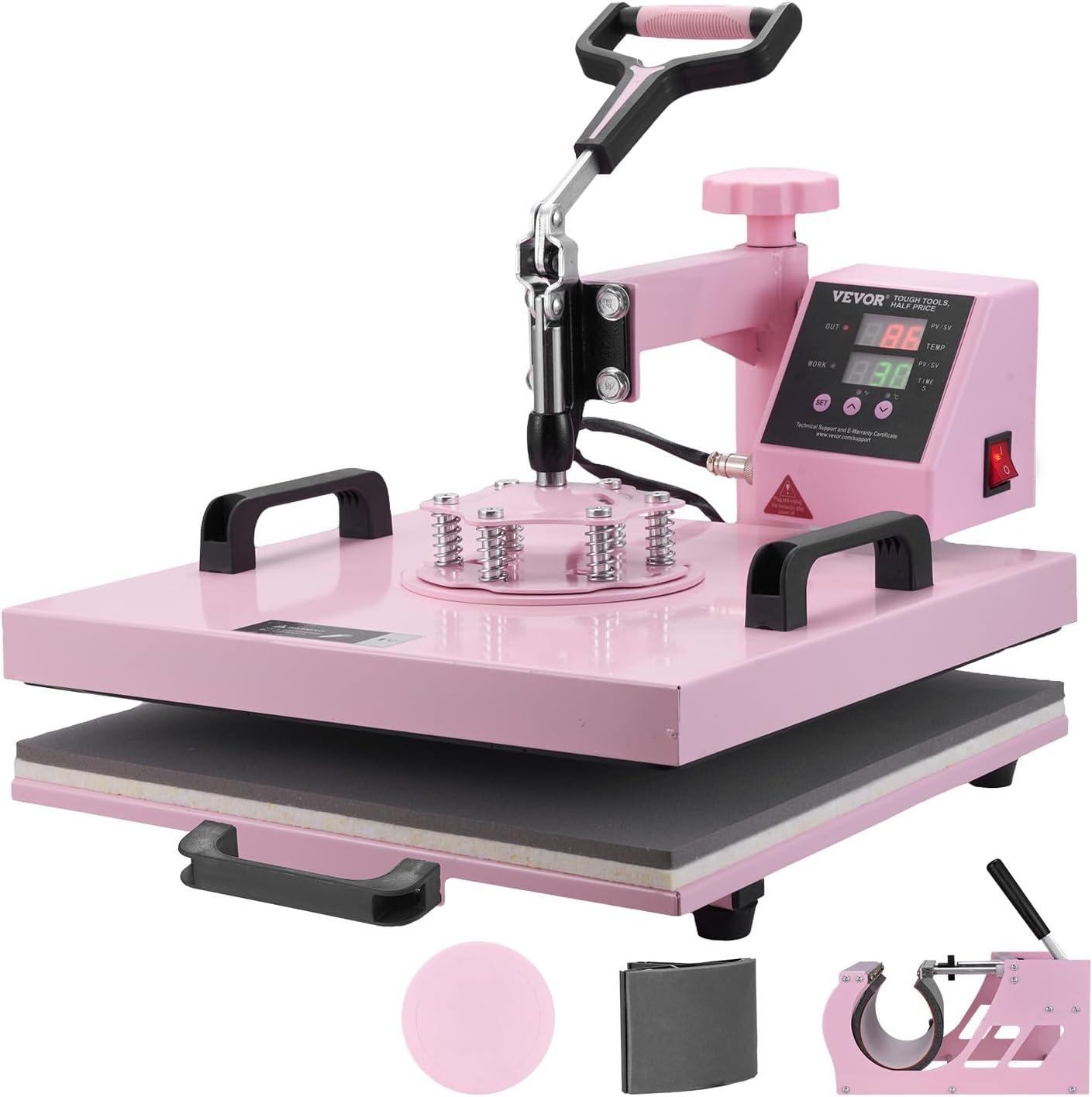 VEVOR Heat Press Machine 15x15 inch, Heat Press Machine for T-Shirts, 5 in 1 Heat Press with 30 OZ Tumbler Press, Combo Tumbler Heat Press Machine Sublimation for Hat Cap Mug Plate, Pink