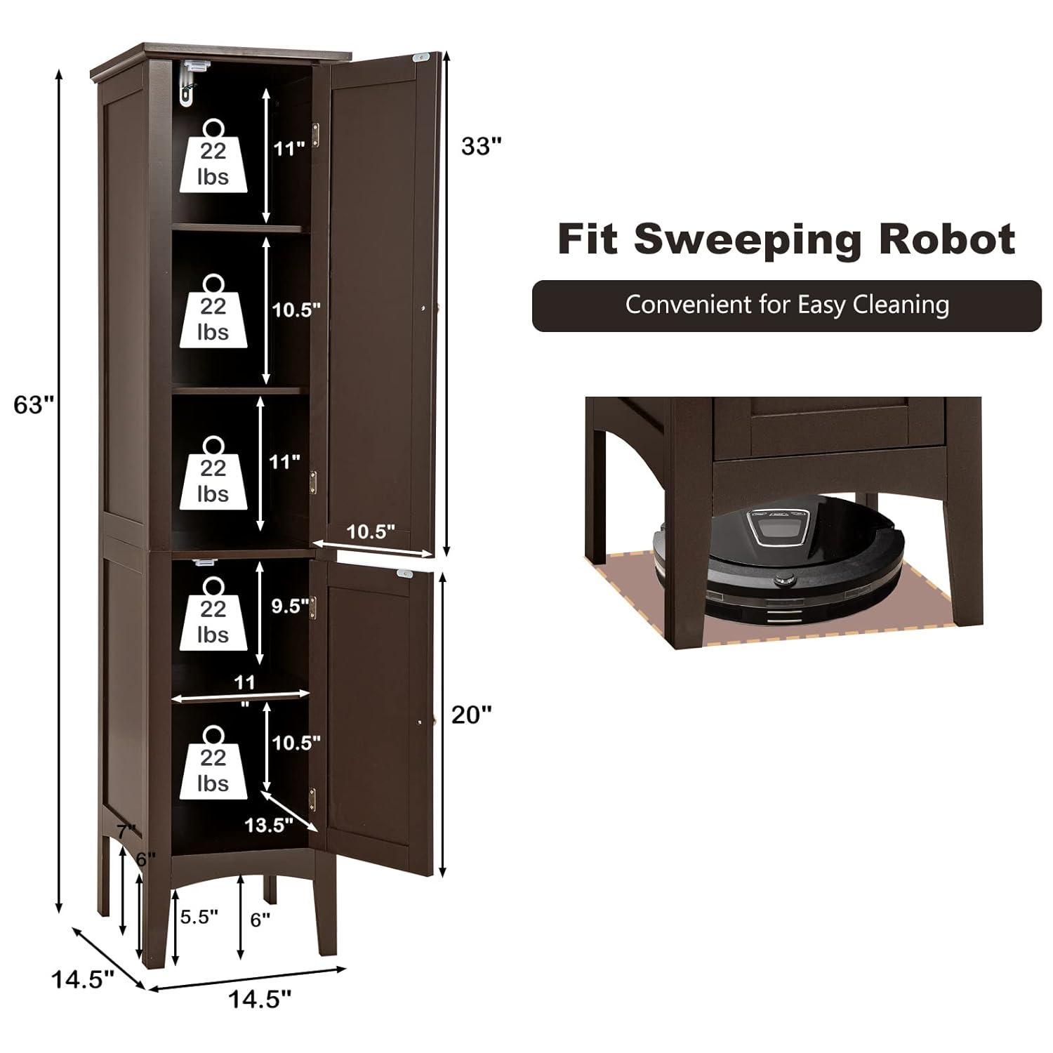 5 Tier  Freestanding Tower Cabinet Tall Bathroom Storage Cabinet Brown