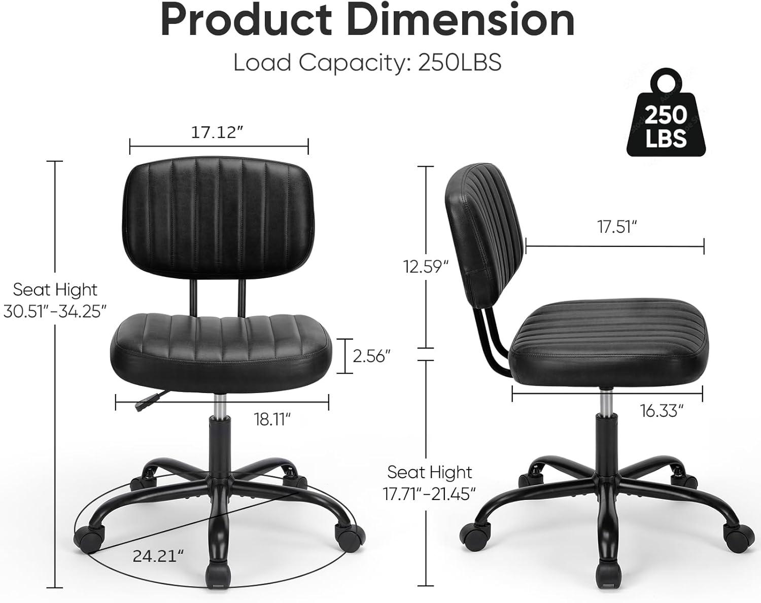 Black PU Leather Armless Swivel Task Chair with Adjustable Height