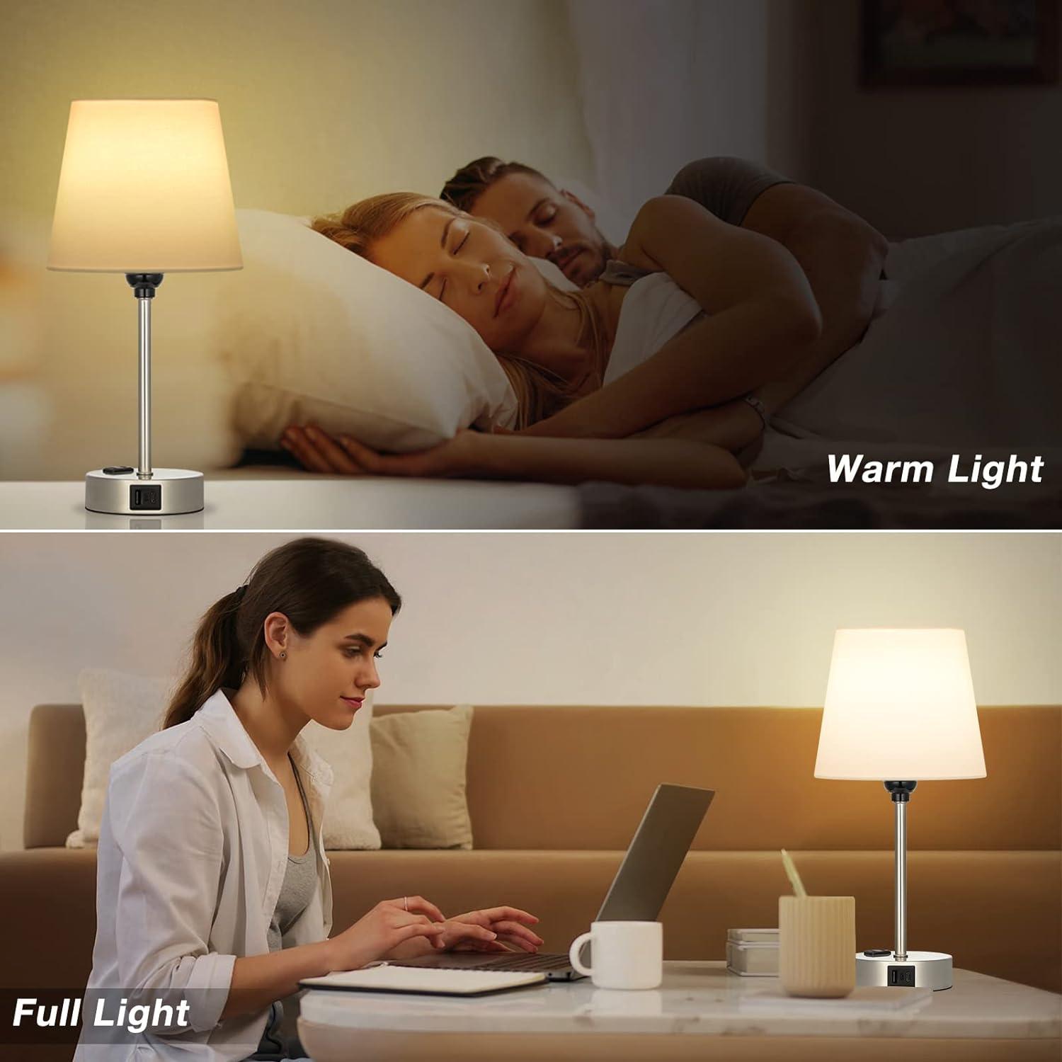 Set of 2 White Fabric Touch Control Table Lamps with USB Ports and AC Outlet