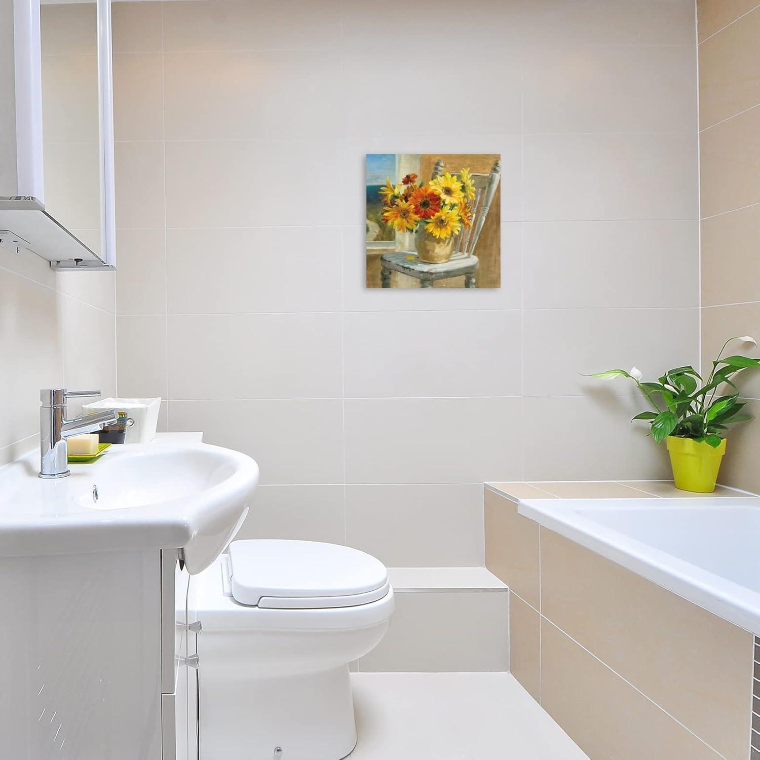 Bathroom Decor Canvas Country Farmhouse Wall Decor Sunflower Theme Painting Vintage Picture Artwork Wood Framed Wall Art Easy to Hang Size 14 x14 in