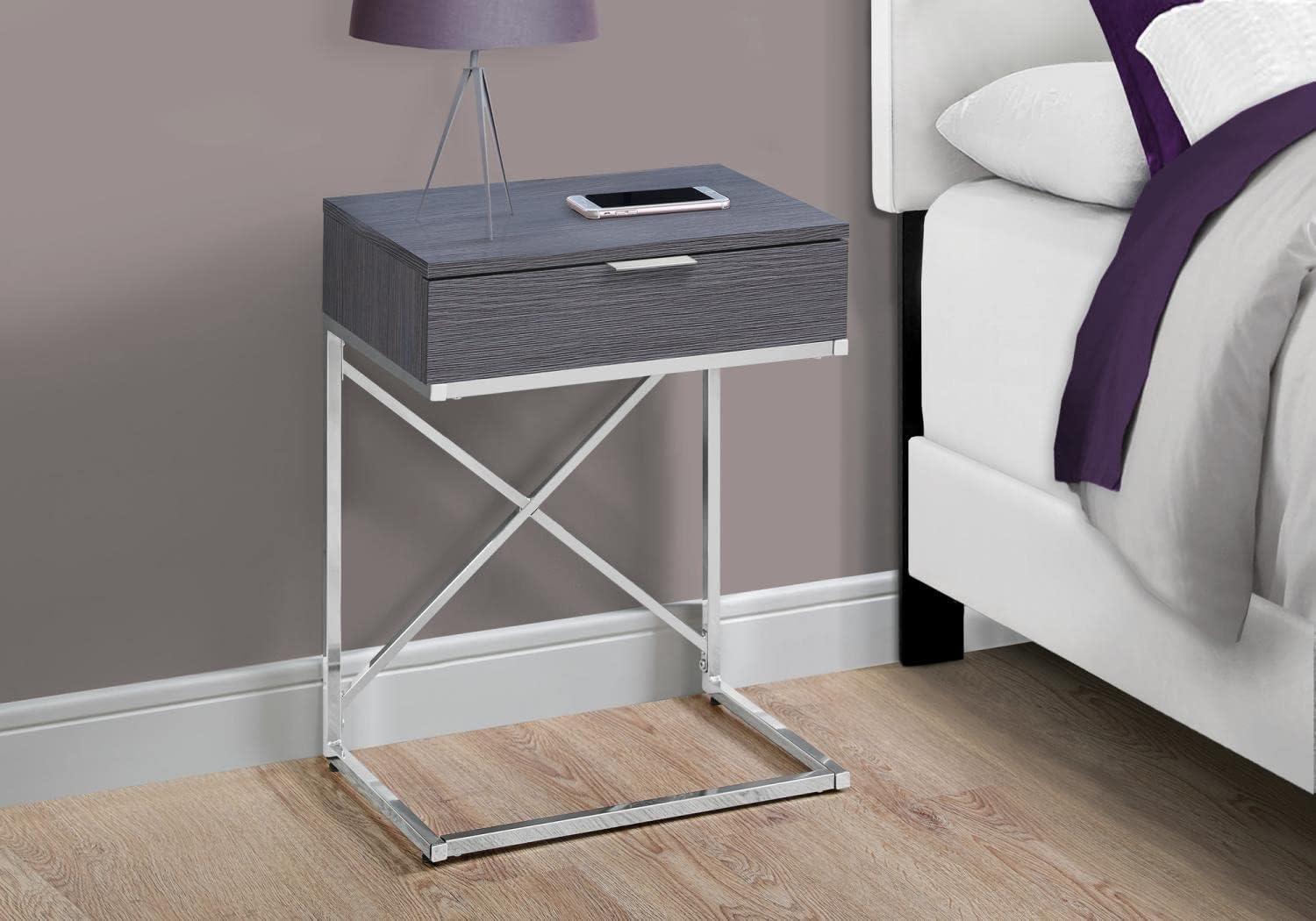Monarch Specialties Accent Table Side End Nightstand Lamp Storage Drawer Living Room Bedroom Metal Laminate Grey Chrome Contemporary Modern