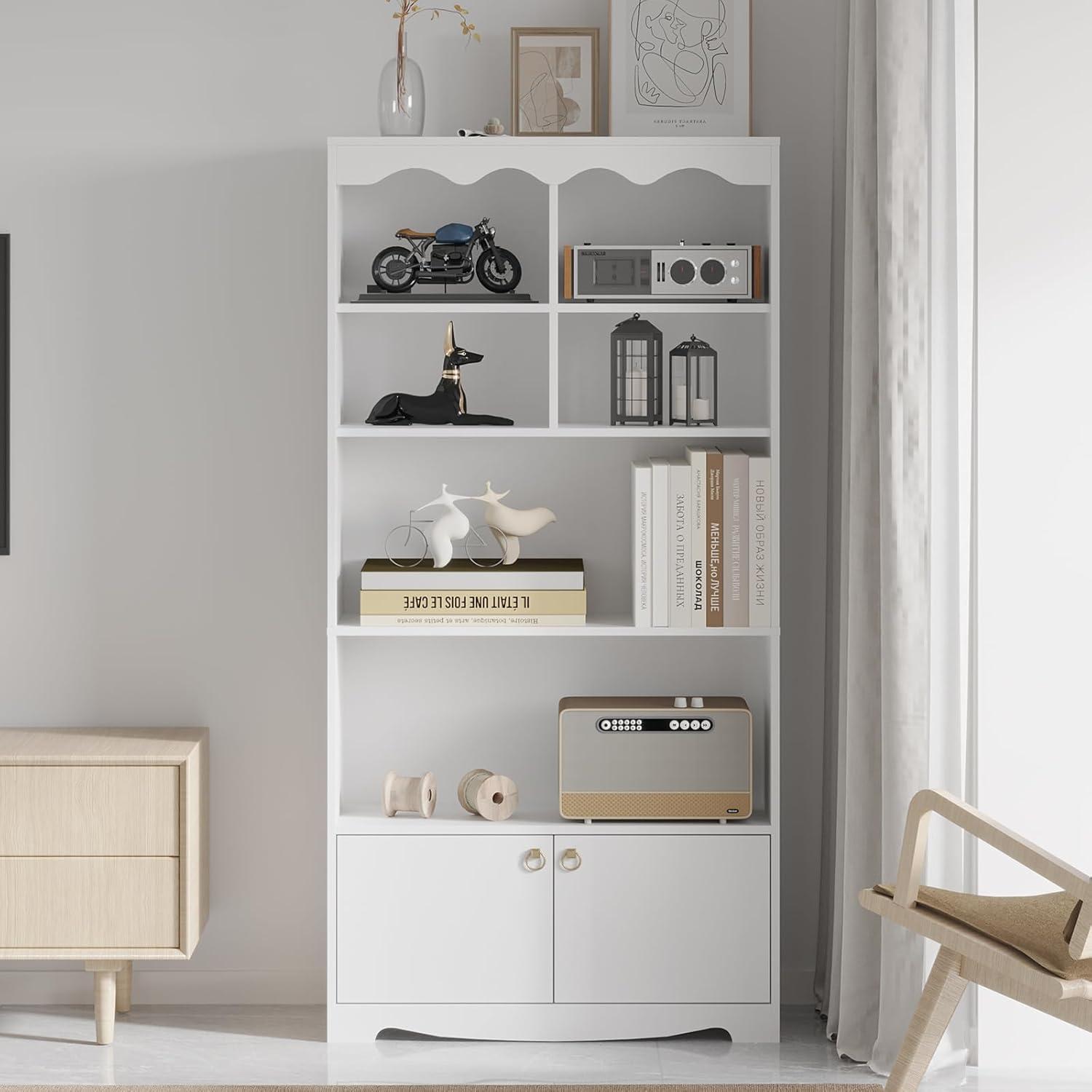 5-Tier White Bookcase, 63 Inch Tall Bookshelf with Open Storage Shelves & Doors, Modern Wooden Floor Standing Display Storage Shelves