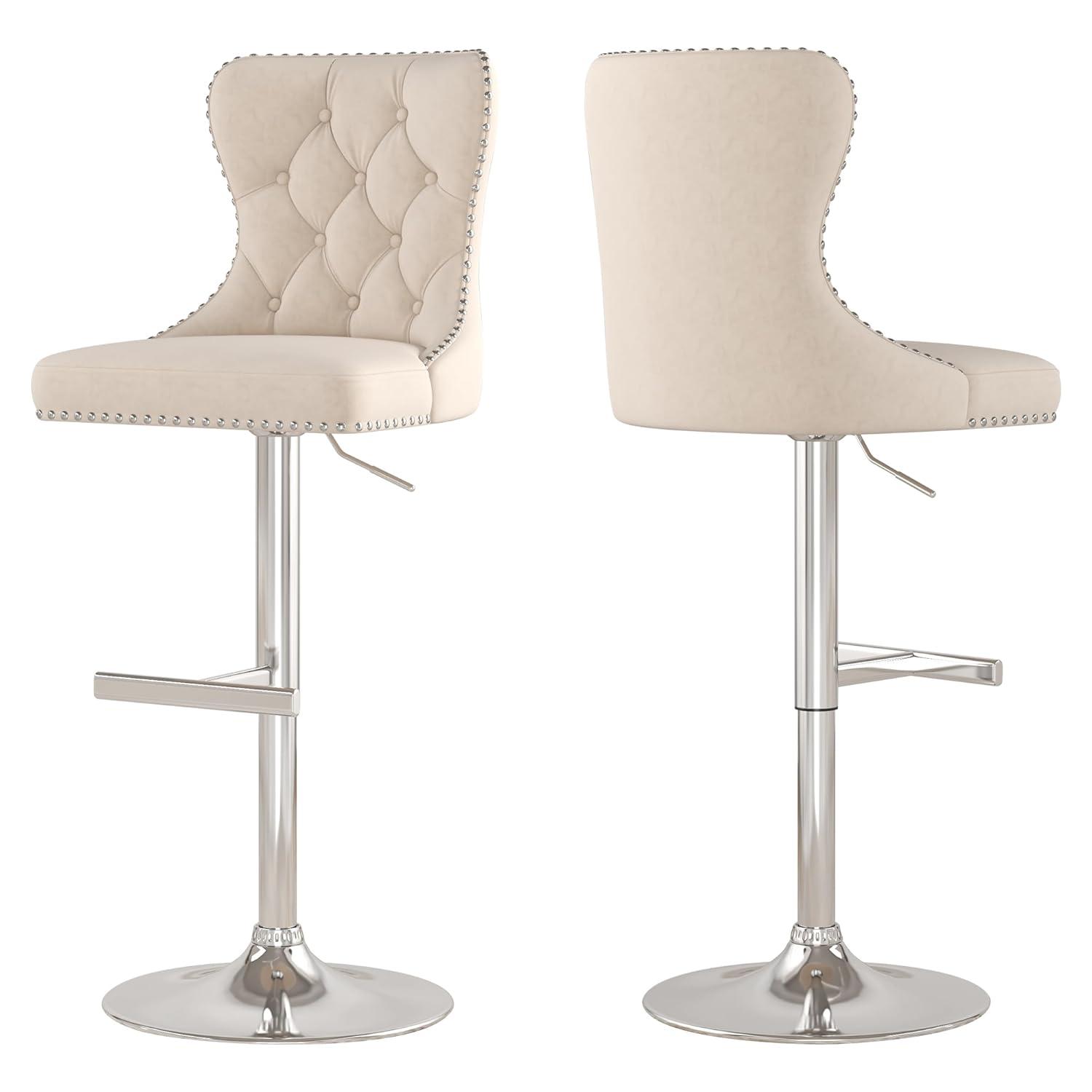 Swivel Bar Stools Set of 2, Height Adjustable Dining Chairs with Rivets, Button Tufted Back and Metal Footrest, Velvet Upholstered Side Chairs, Armless Chairs for Dining Room Bar Kitchen Island