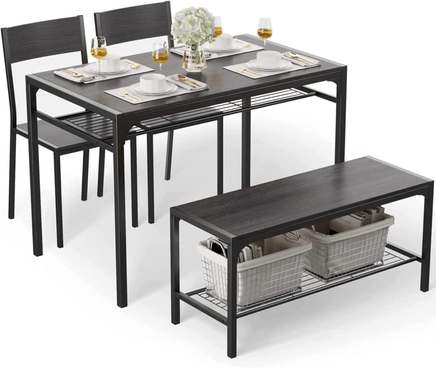 4 Piece Kitchen Dining Table with 2 Chair and Bench for Small Space Black