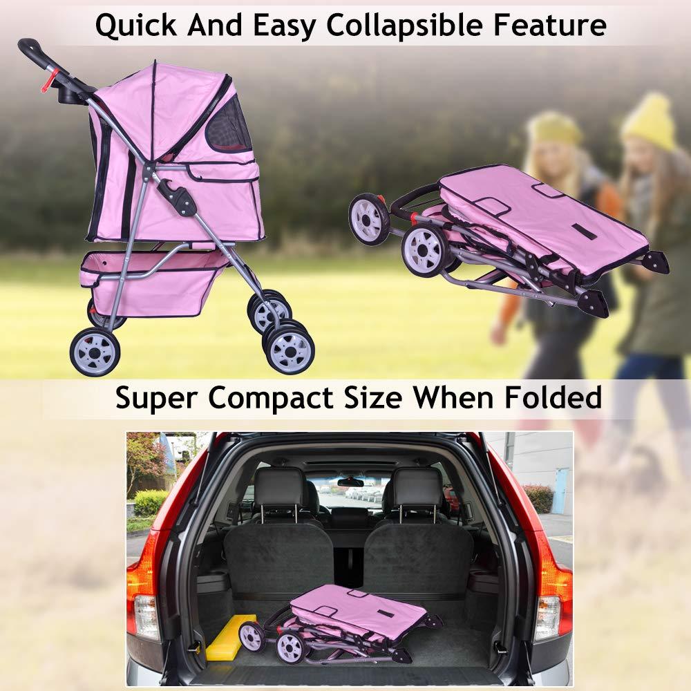 4 Wheels Pet Stroller Cat Dog Cage Stroller Travel Folding Carrier with Cup Holders and Removable Liner for Small-Medium Dog, Cat (Pink)