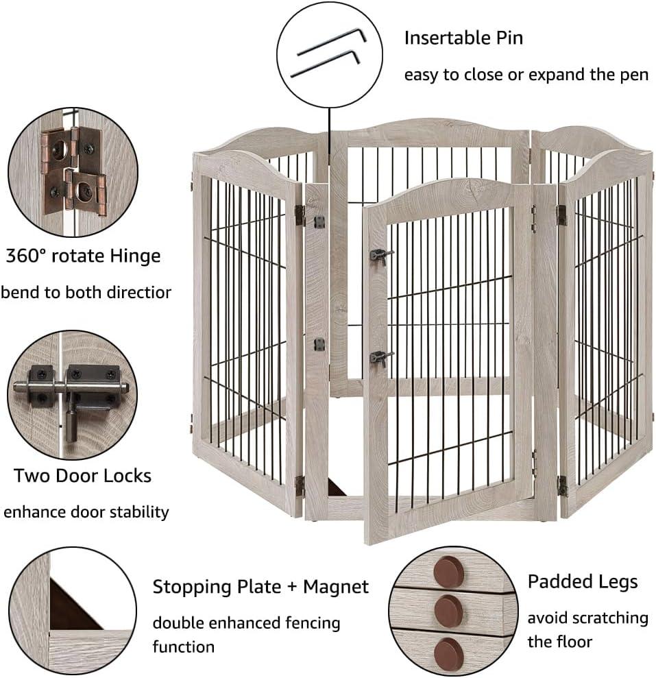 Unipaws Extra Wide Freestanding Dog Gate, 6 Panels Pet Playpen with Wood and Wire, Walk Through Dog Gate with 5 Support Feet