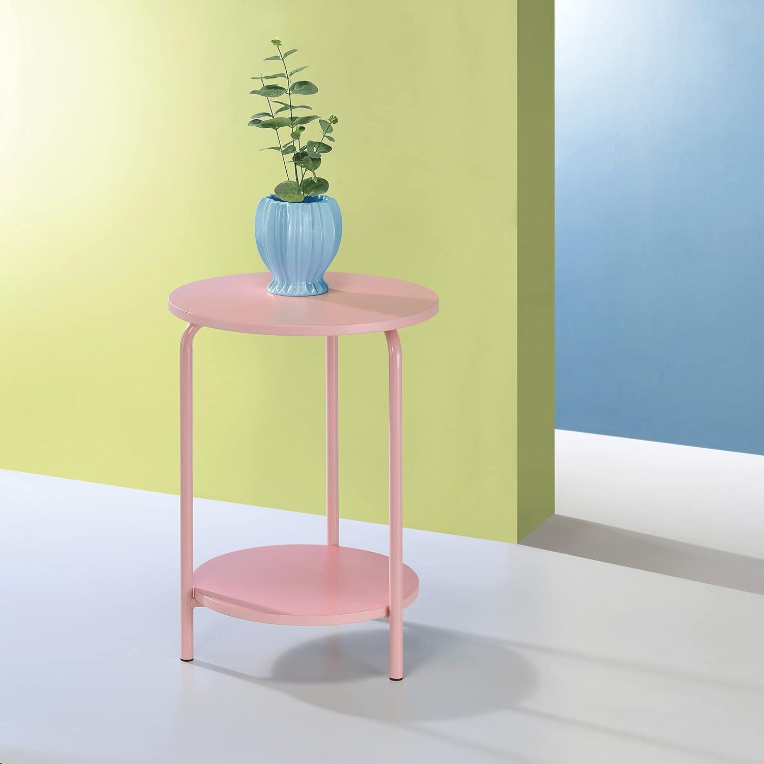 Pink Round Metal and Wood 2-Shelf Accent Table