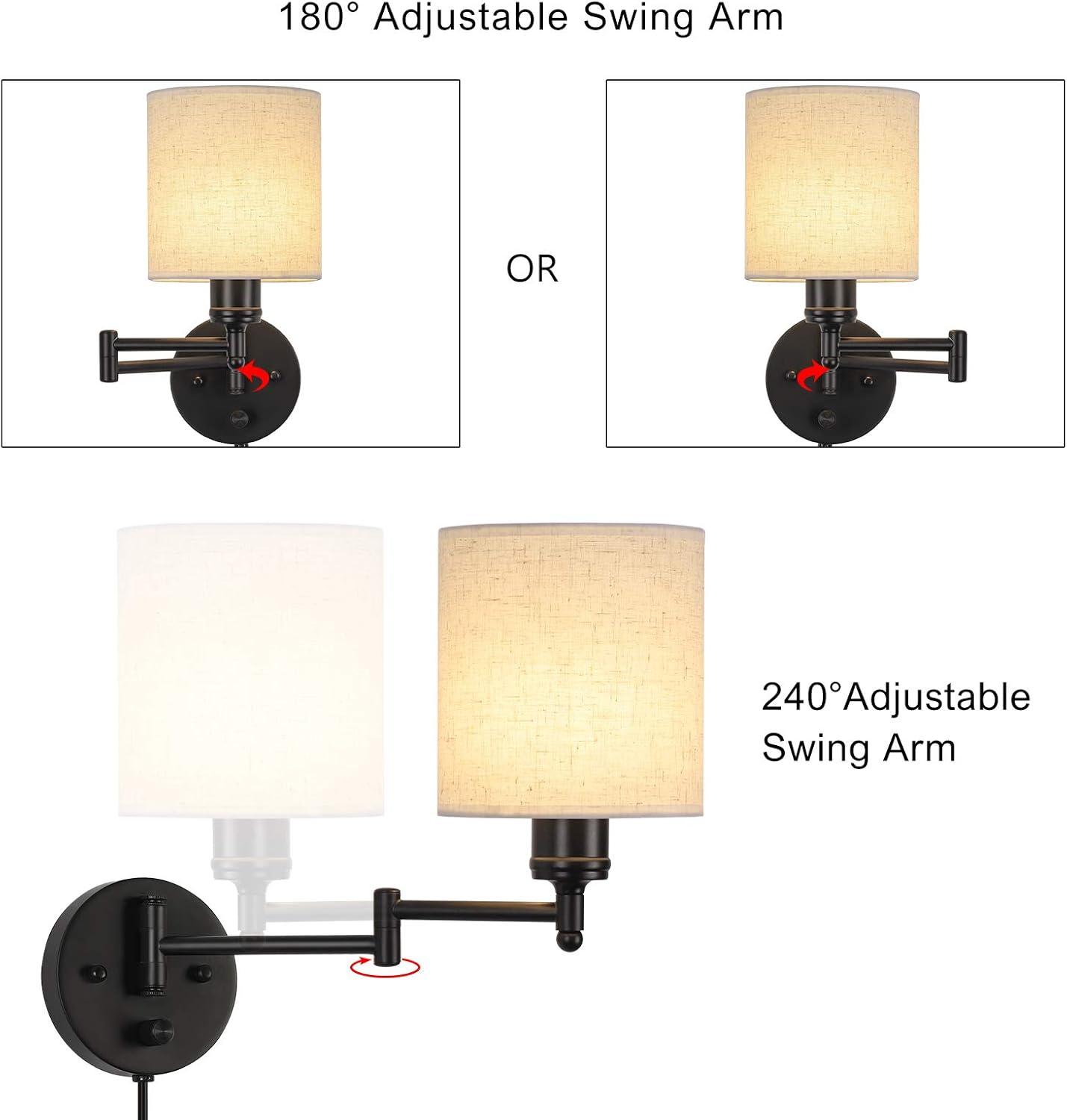 CADUKE Plug in Wall Light Set of 2, Swing Arm Wall Lamps, Modern Bedroom Wall Sconce Fixtures with Linen Lampshade for Reading Hallway Living Room