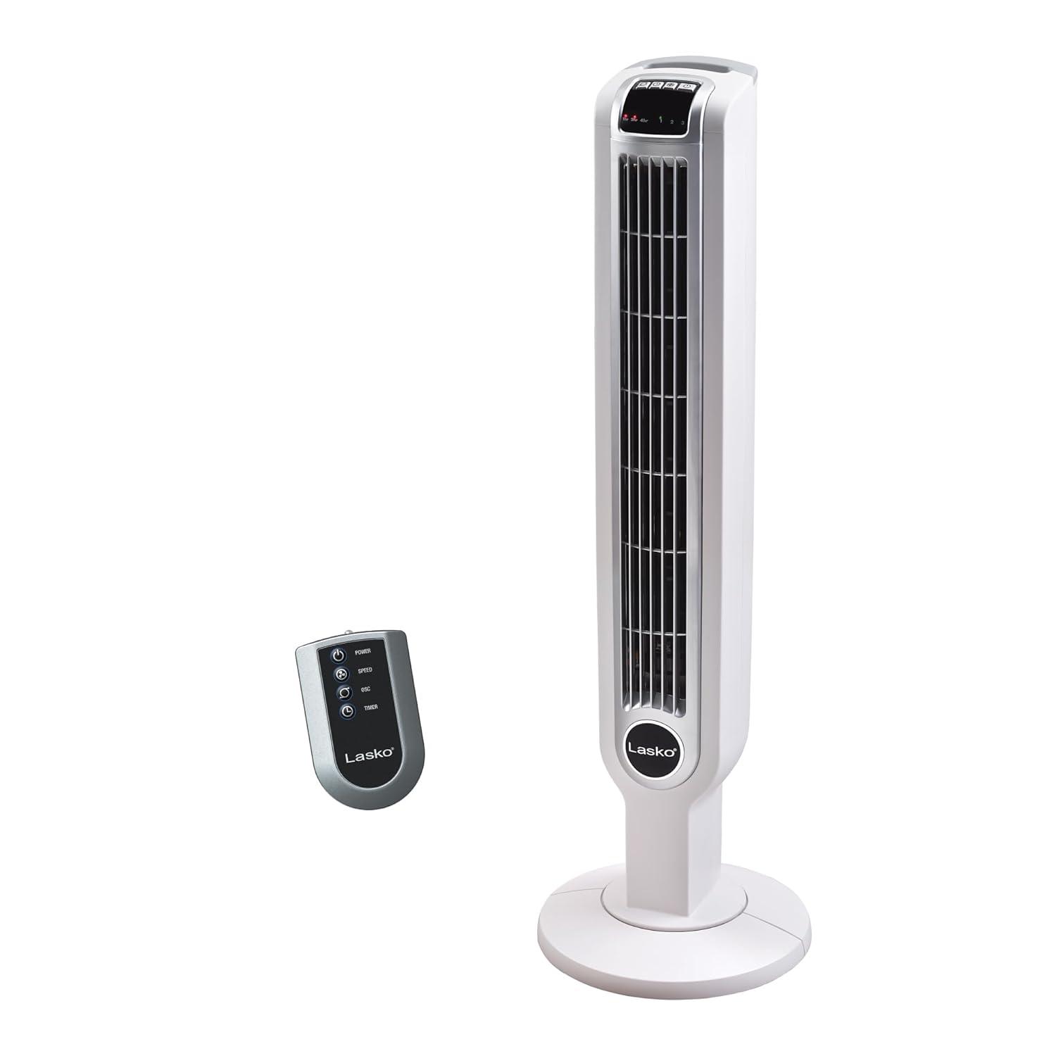Lasko 3-Speed Remote Controlled Oscillating Tower Fan, White, 2510
