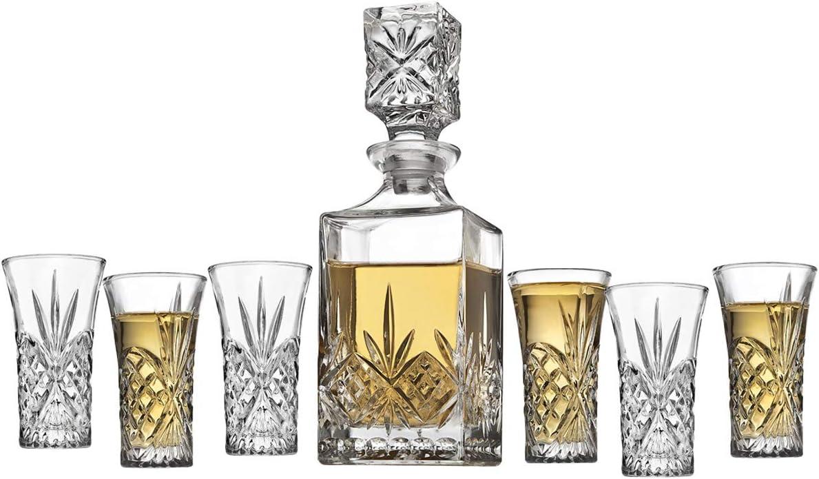 Godinger Silver 7pc Dublin Crystal Spirits Decanter and Shot Glass Set: Hand Wash, Dishwasher-Safe, Service for 6