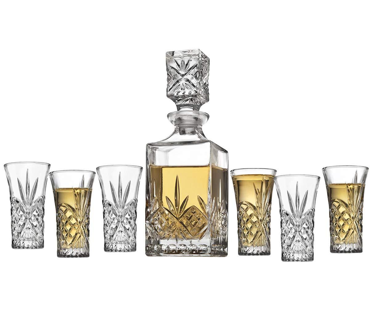 Godinger Silver 7pc Dublin Crystal Spirits Decanter and Shot Glass Set: Hand Wash, Dishwasher-Safe, Service for 6