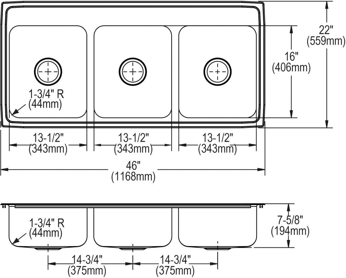Lustertone 46" L x 22" W Triple Basin Drop-In Kitchen Sink