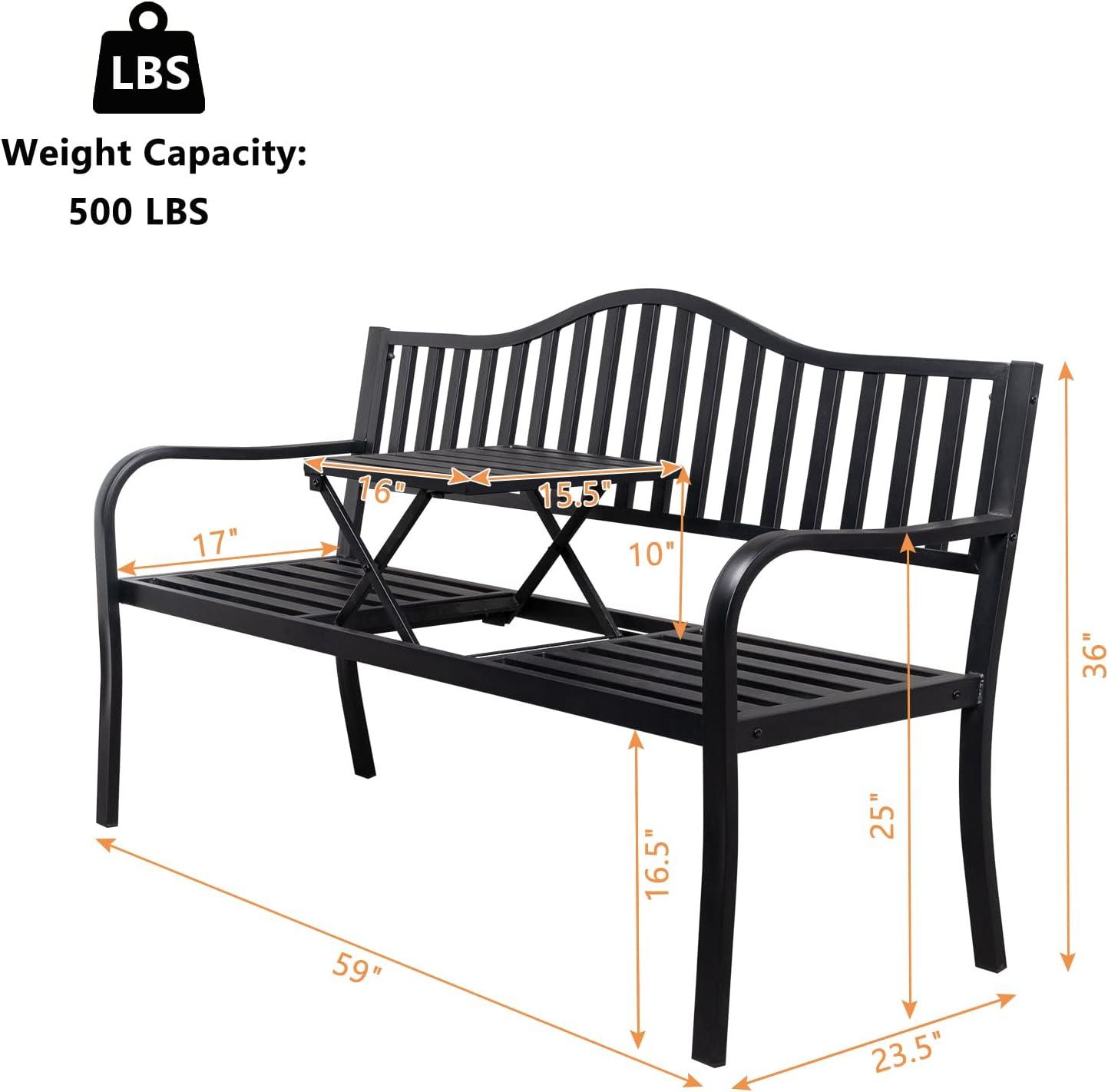 VINGLI 59" Patio Garden Bench Table Outdoor Metal Park Benches, Black Cast Iron Steel Frame Chair Porch Path Yard Lawn Decor Deck