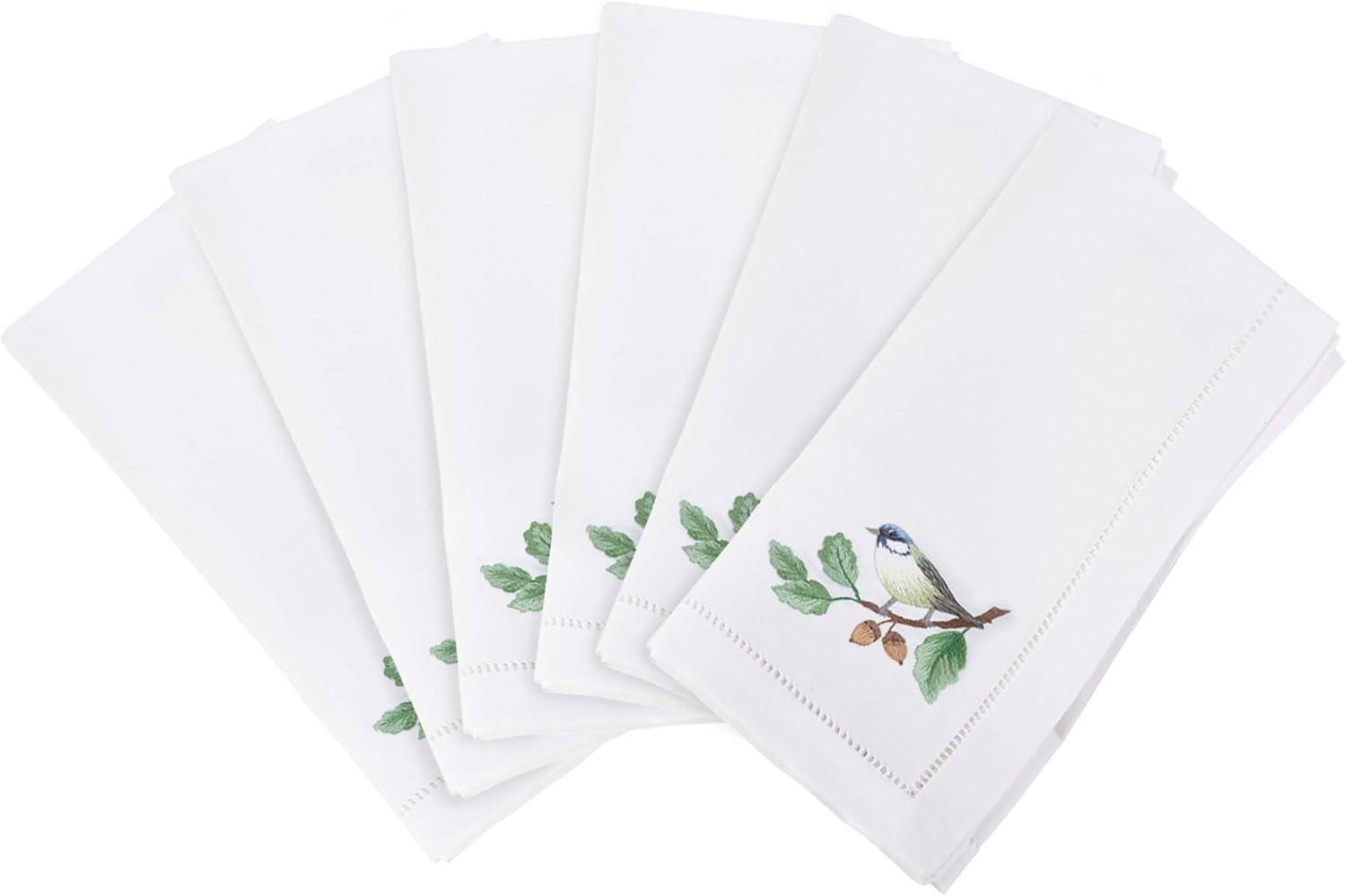 White Cotton Napkins with Bluebird Embroidery and Hemstitch Border, Set of 6