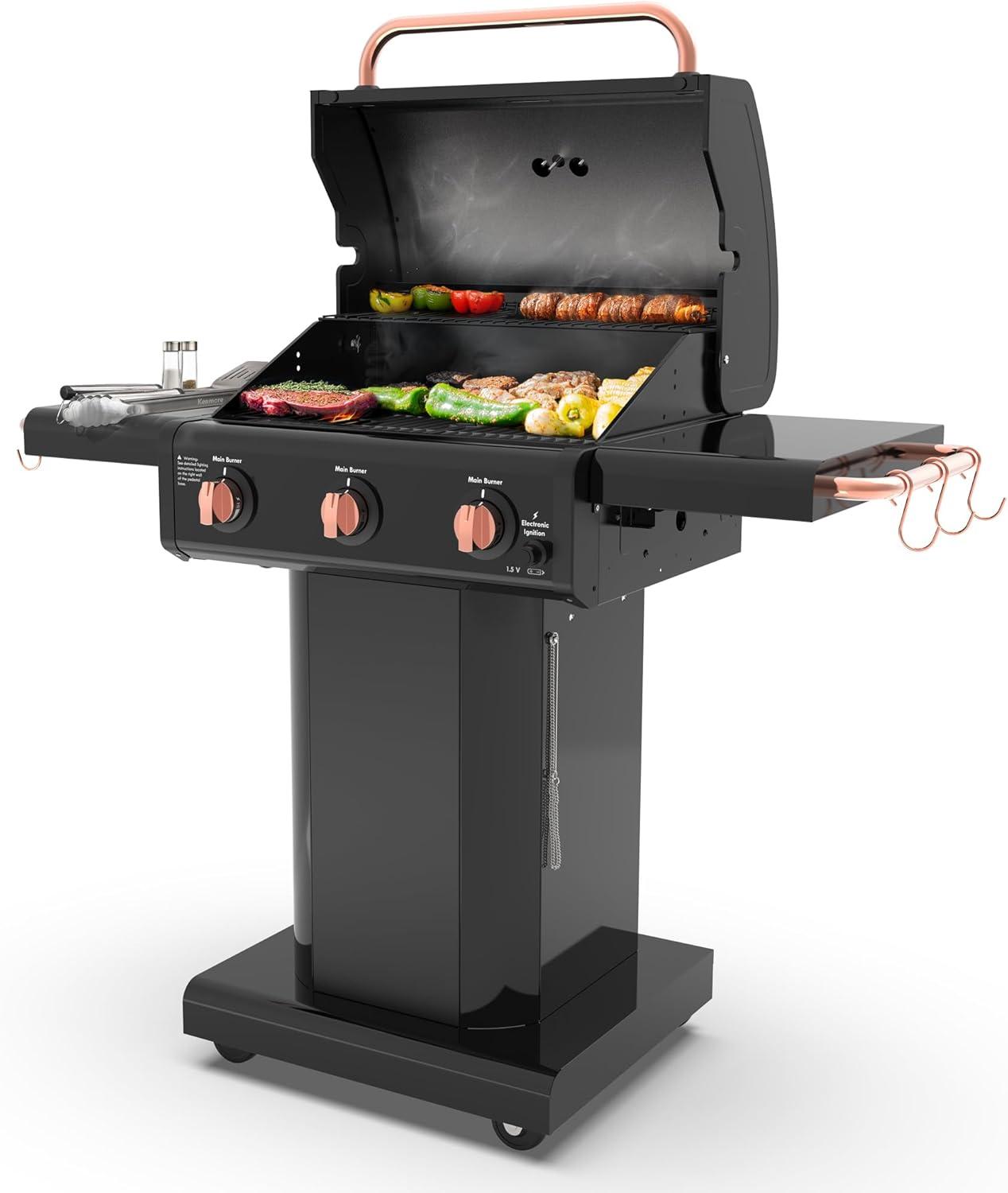 Kenmore 3-Burner Propane Gas Grill with Foldable Side Tables for Outdoor BBQ
