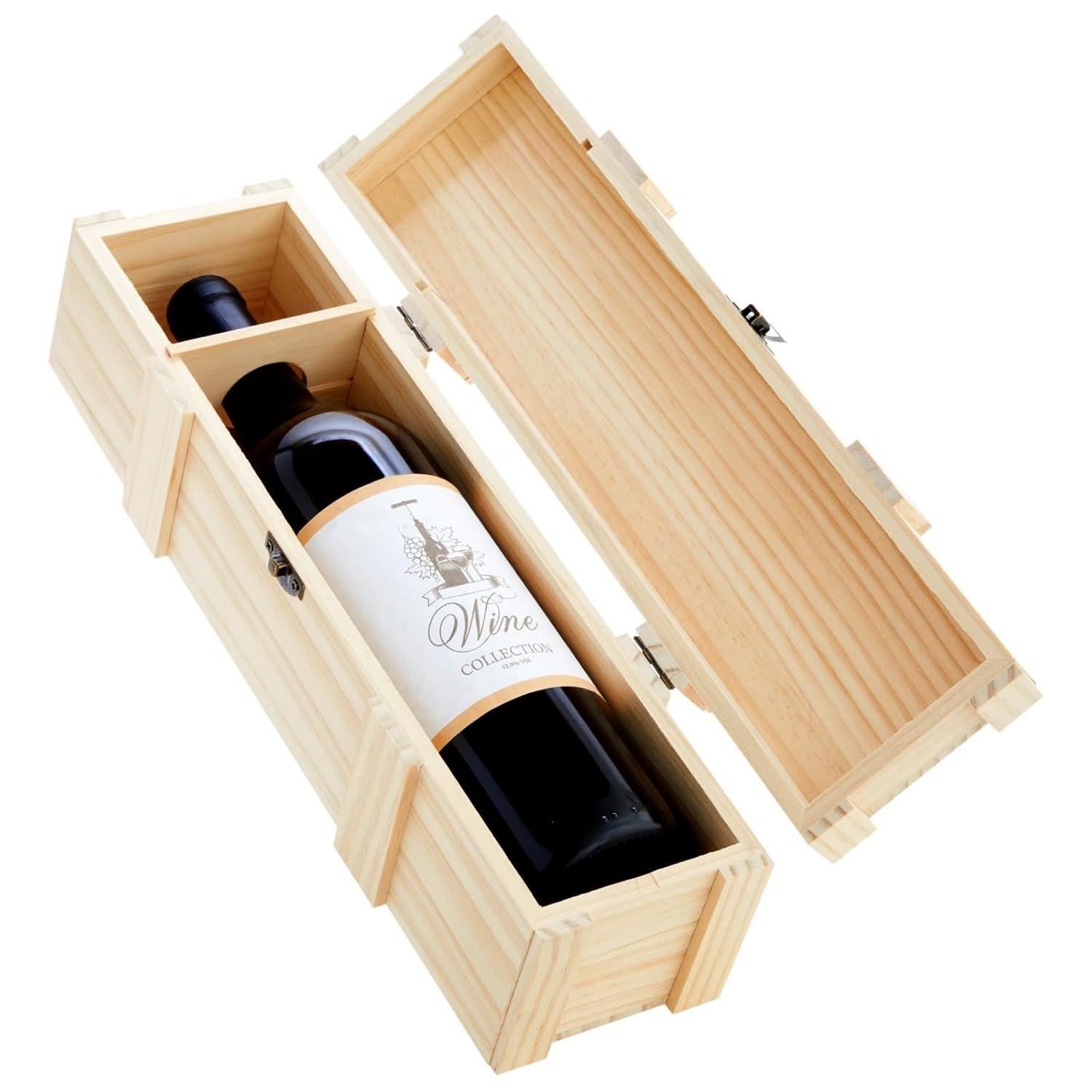 Juvale Wooden Wine Box for Split or Demi Wine Bottles, Single Wine Gift Box with Clasp for Birthday Party Gifts, Housewarming, Wedding, Anniversary (13.8x3.9x3.9 in)