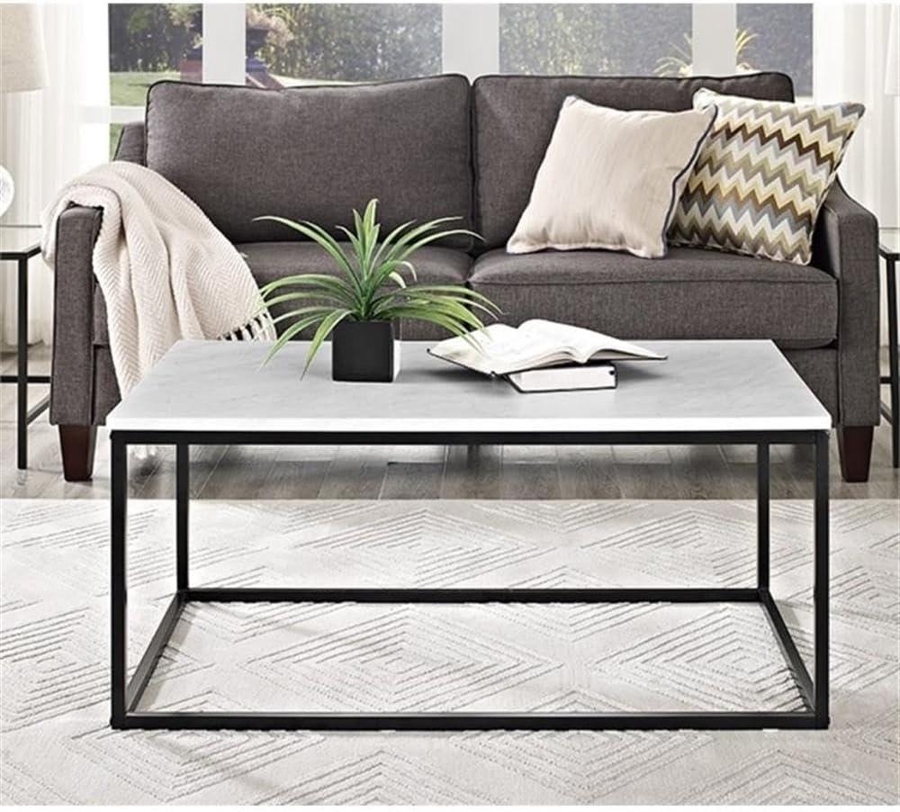 42" Open Box Coffee Table with Faux-Marble Top and Black Metal Base