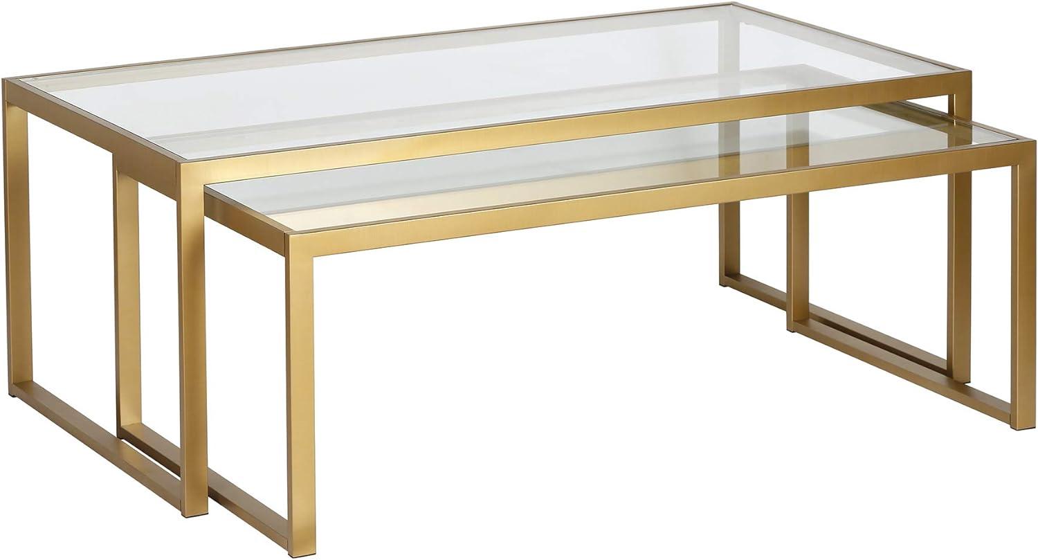 Rectangular Brass and Glass Nesting Coffee Table Set