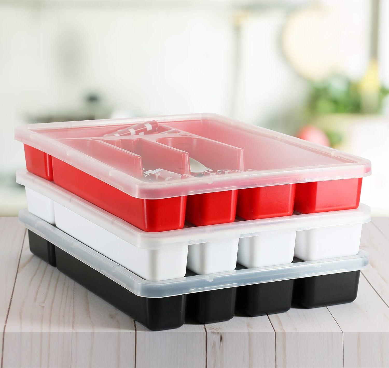 Zilpoo Flatware Tray with Lid Plastic Camper Picnic Cutlery and Utensil Drawer Organizer Kitchen Silverware Storage Container with Cover White