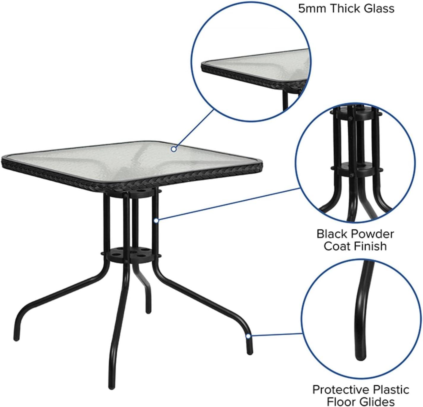 Flash Furniture 28'' Square Tempered Glass Metal Table with Black Rattan Edging