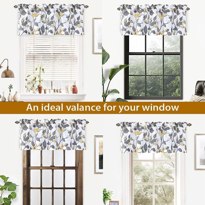 DriftAway Ryan Floral Leaves Blackout Window Curtain Valance Rod Pocket Yellow Gray 52"Wx24"L+2" Header