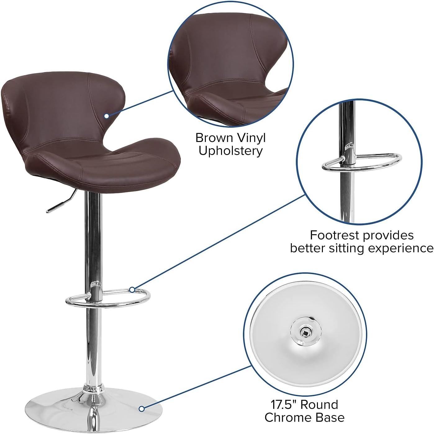 Curvaceous Brown Vinyl Adjustable Swivel Barstool with Chrome Base