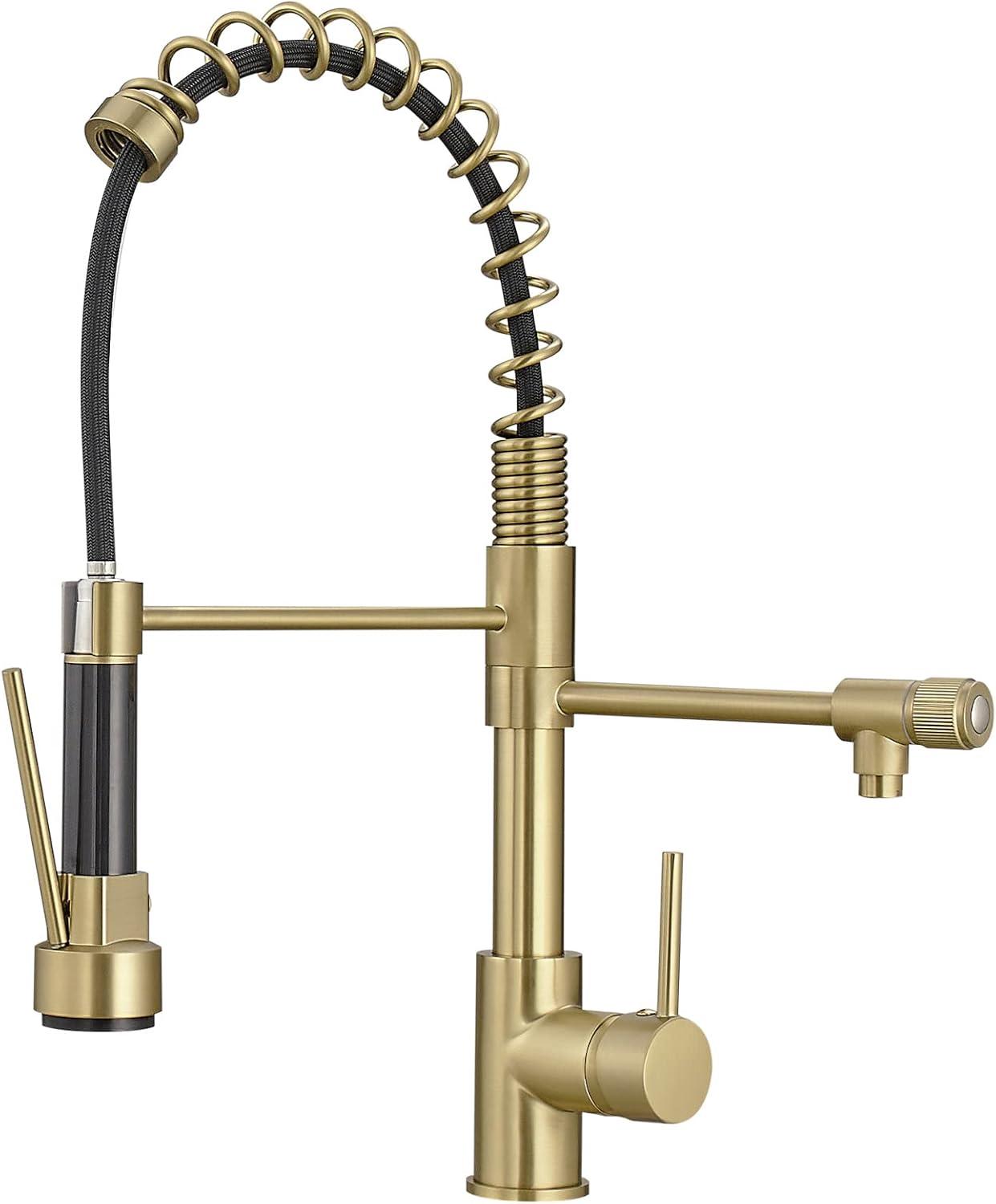 Contemporary Kitchen Sink Faucet, Single Handle Brass Spring Kitchen Faucet with Pull Down Sprayer, Rotatable Pull-Out Kitchen Mixer Tap, Brushed Gold