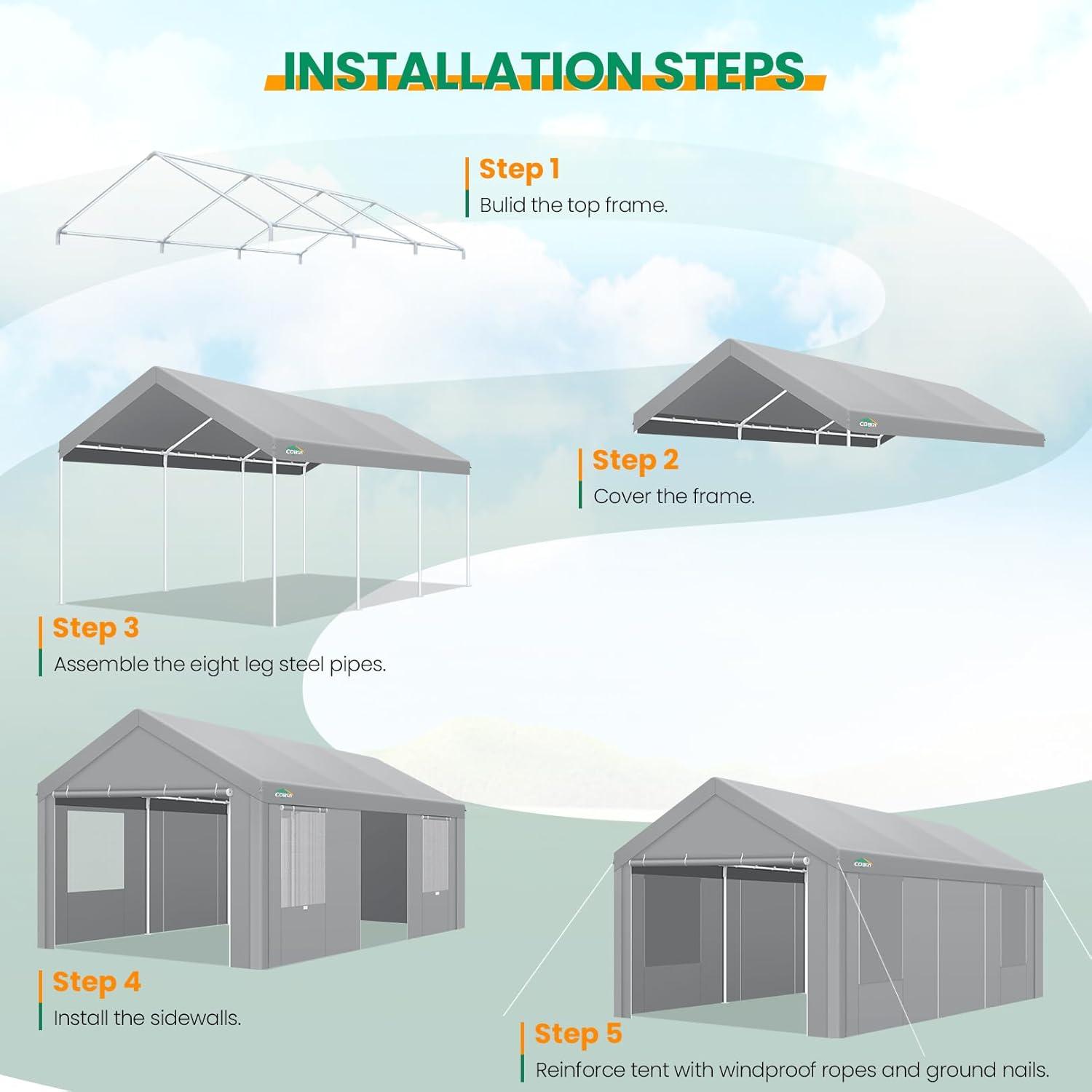 Dark Gray 12' x 20' Portable Carport with Windows