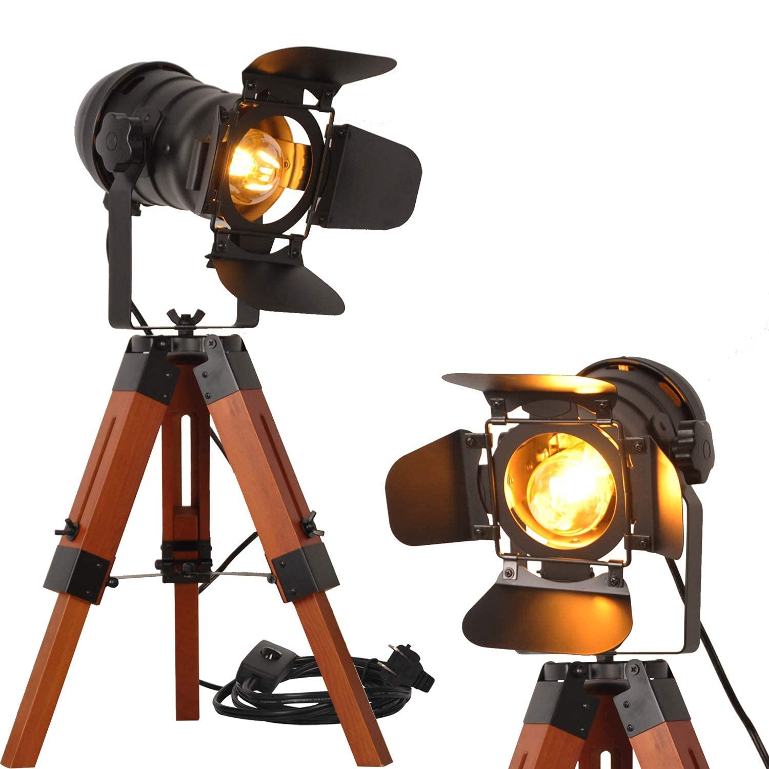Modern Industrial Vintage Tripod Floor Table Lamp - Metal Wooden Nautical Cinema Standing Searchlight - Reading Light for Living Room Movie Theatre Decoration Adjustable Height (excluding Bulb)