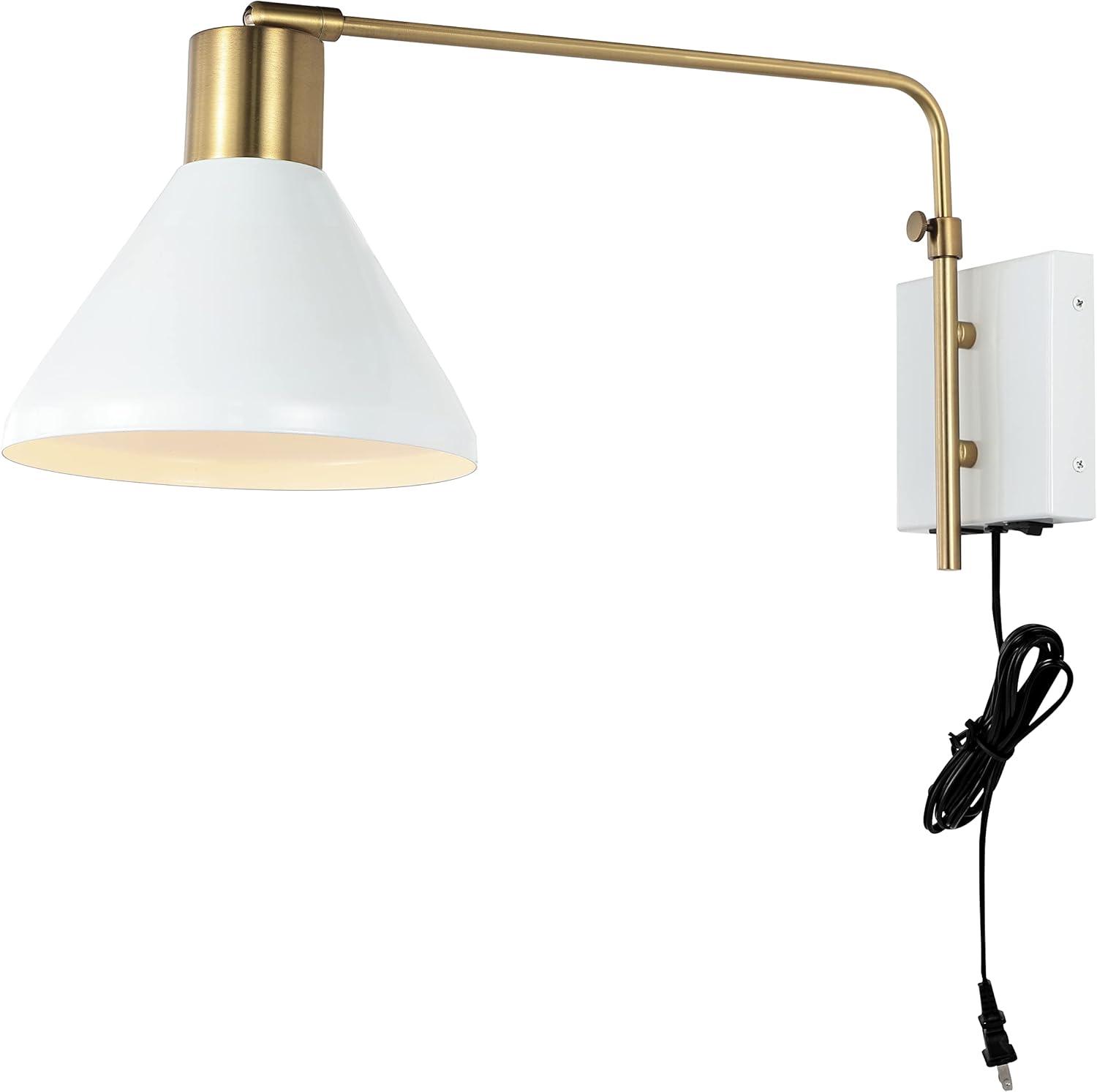 Max 20.5" Swing Arm 1-Light Modern Midcentury Iron USB Charging Port LED Sconce, White/Brass Gold