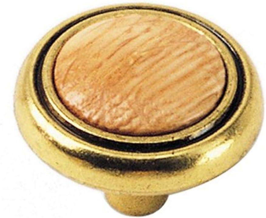Round Brass and Oak Cabinet Knob with Mounting Hardware