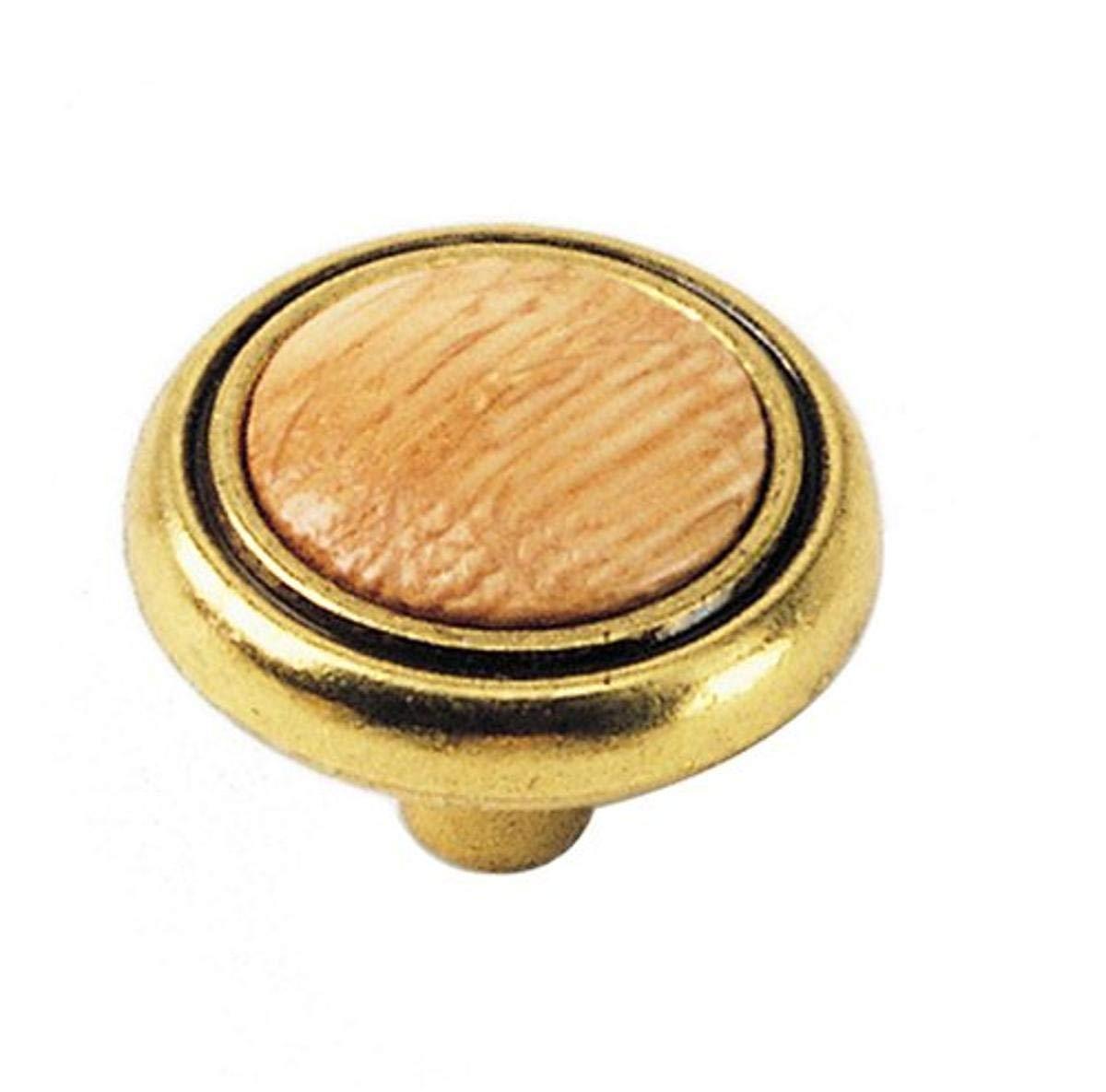Round Brass and Oak Cabinet Knob with Mounting Hardware