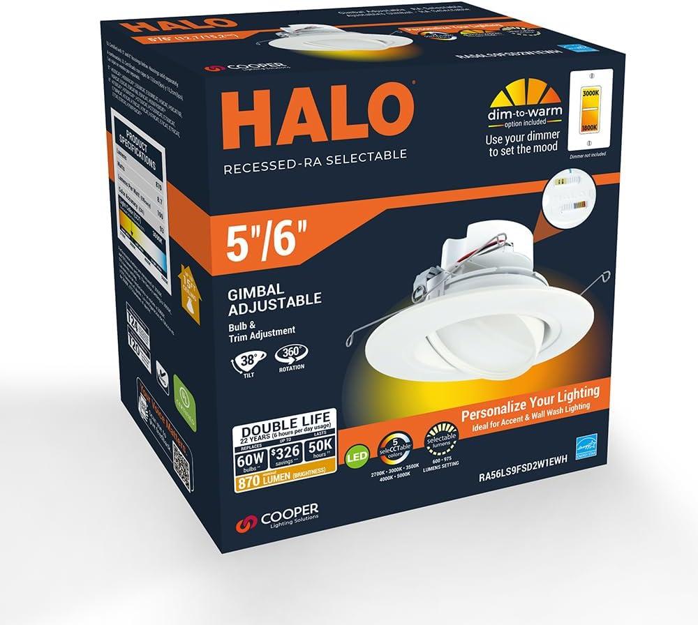 Halo 5/6 In. Selectable CCT Integrated LED Recessed Light Trim, 600 Lm./1000 Lm.