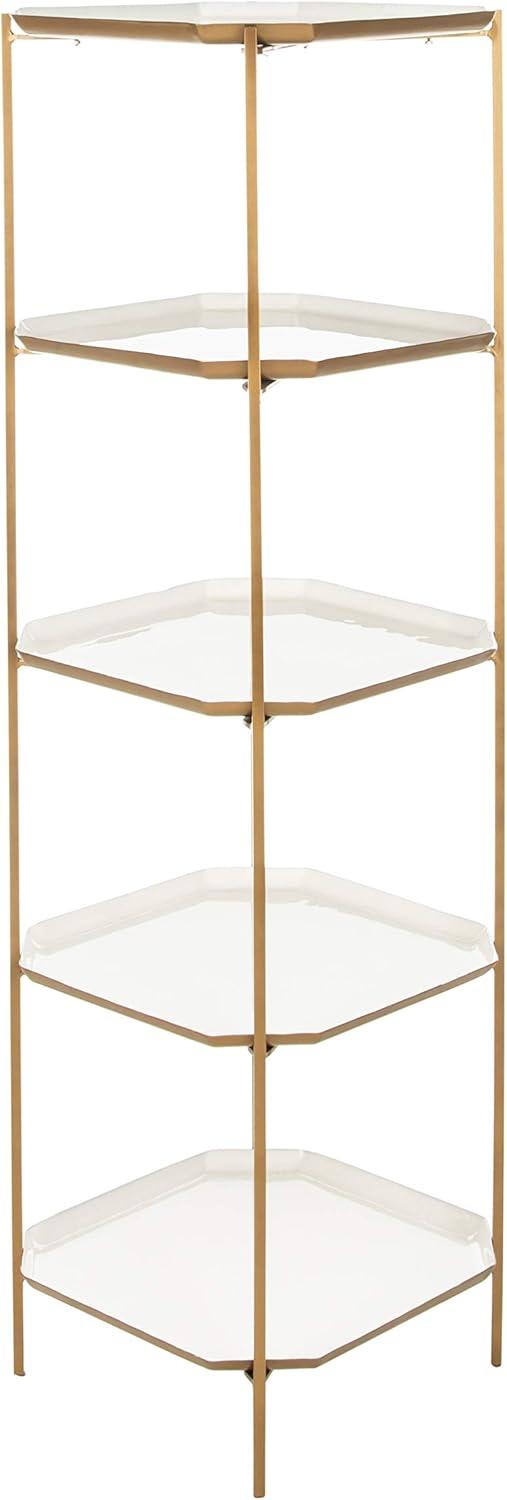 Contemporary White and Brass 5-Tier Etagere Bookshelf