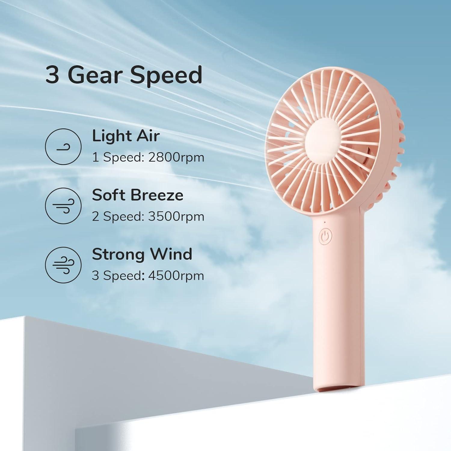 JISULIFE Handheld Fan, Portrable Mini Fan with 3 Speed, USB Rechargeable Personal Fan Battery Operated for Outdoor, Office, Travel -Pink