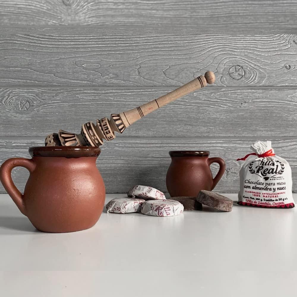 Traditional Mexican Hot Chocolate Gift Set with Clay Mugs and Wooden Frother