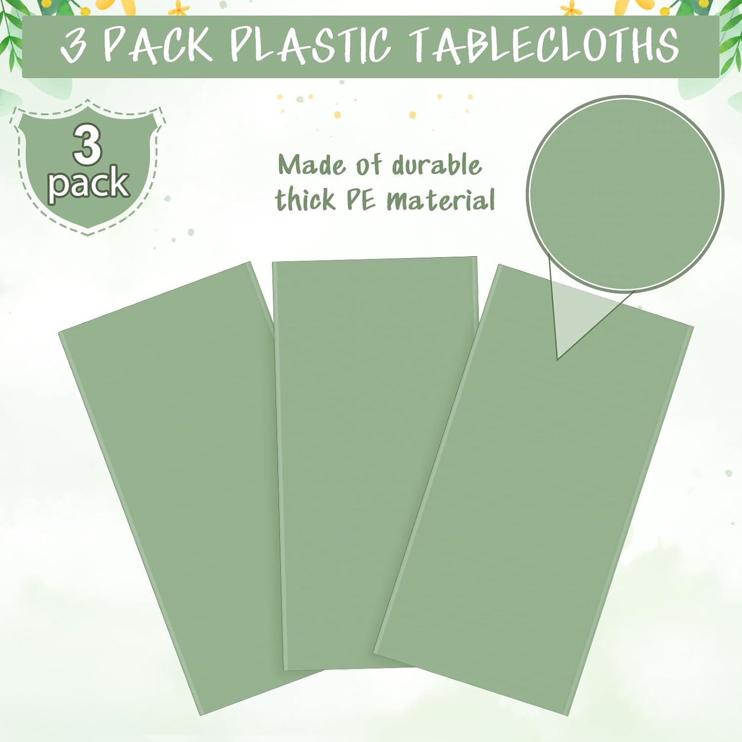 TRHOO-3Pack Sage Green Plastic Tablecloths for Rectangle Tables, Light Green Disposable Tablecloth, Waterproof Sage Green Table Cover for Birthday Bridal Wedding Baby Shower Party Decorations, 54 X 1