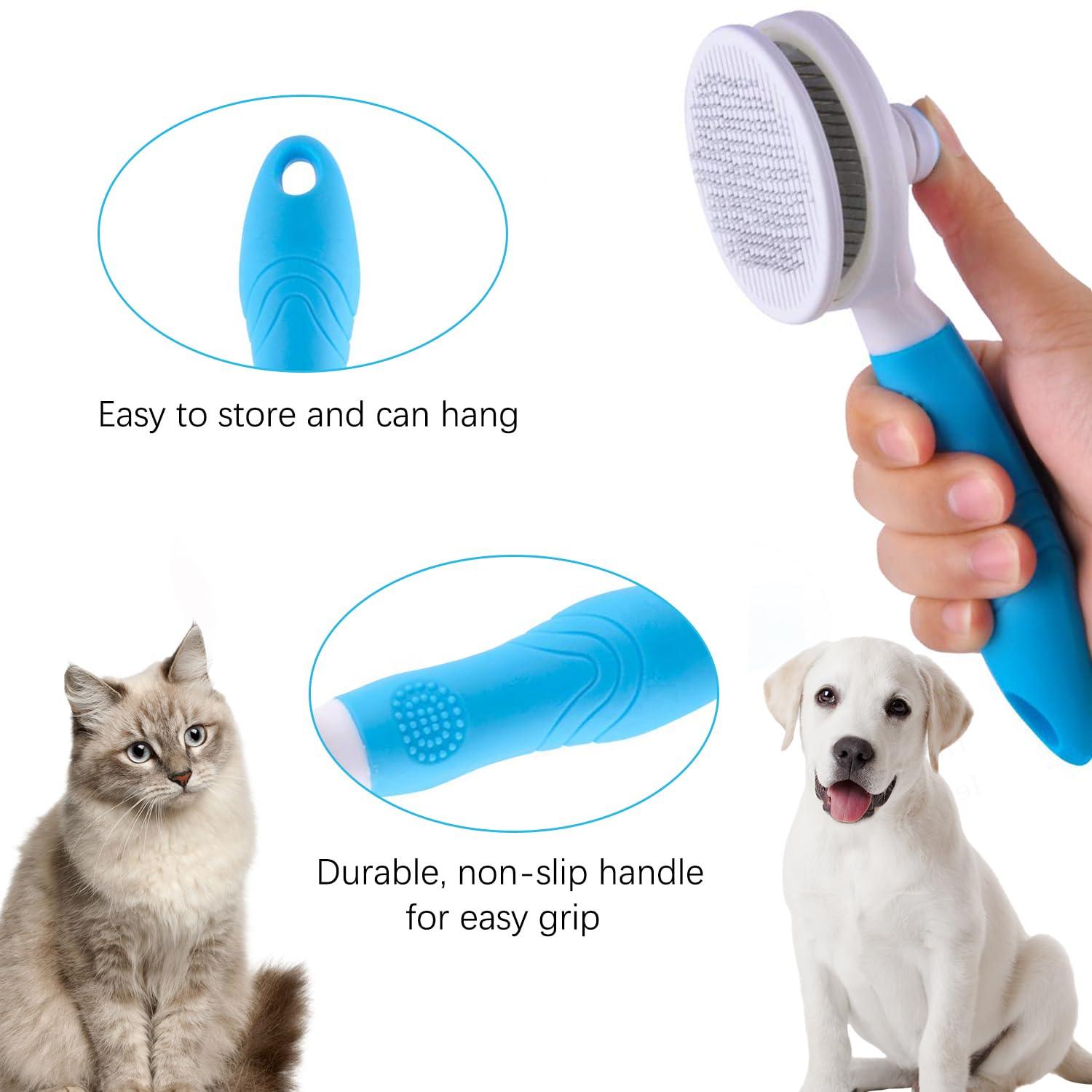 Cat Grooming Brush, Self Cleaning Slicker Brushes for Dogs Cats Pet Grooming Brush Tool Gently Removes Loose Undercoat, Mats Tangled Hair Slicker Brush for Pet Massage- Upgraded (BLUE)