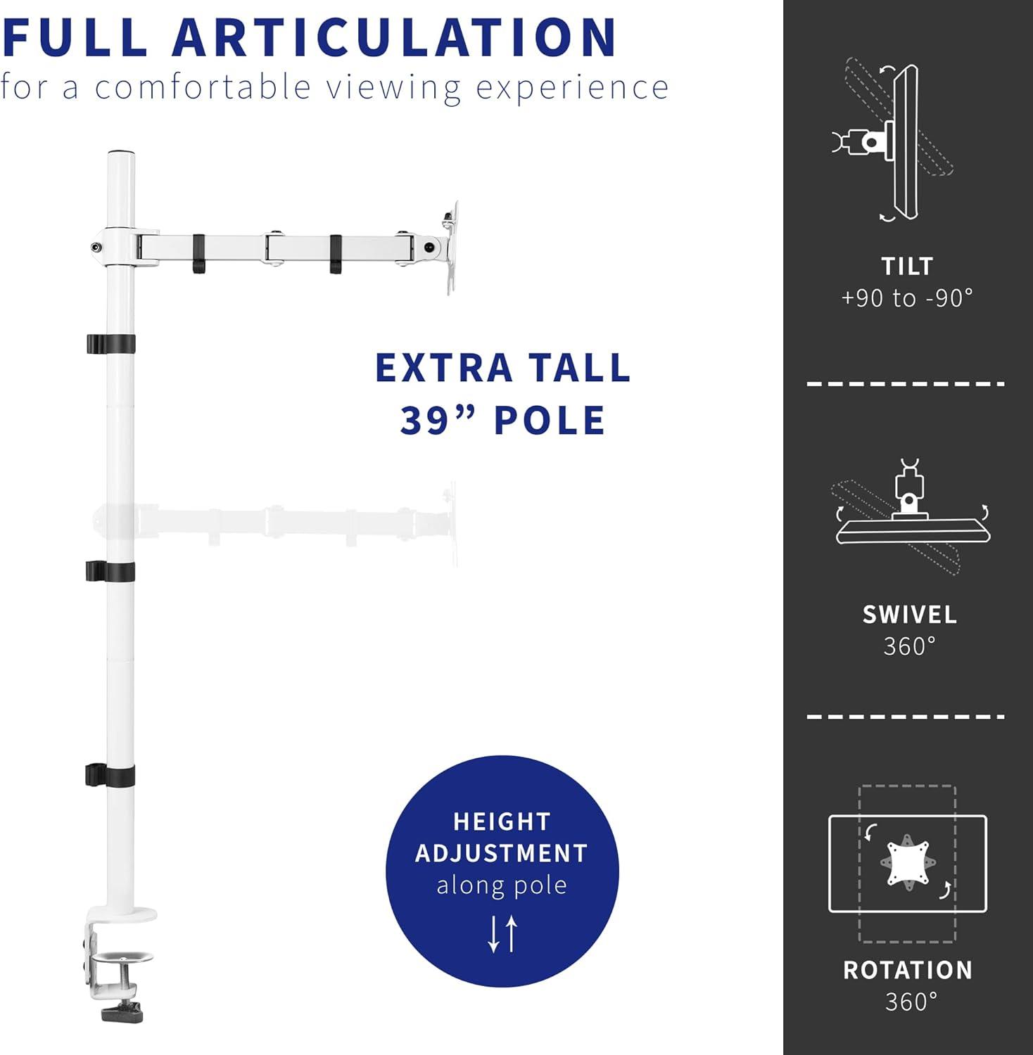 VIVO White Single Monitor Extra Tall Adjustable Mount, Fits 1 Screen up to 27"