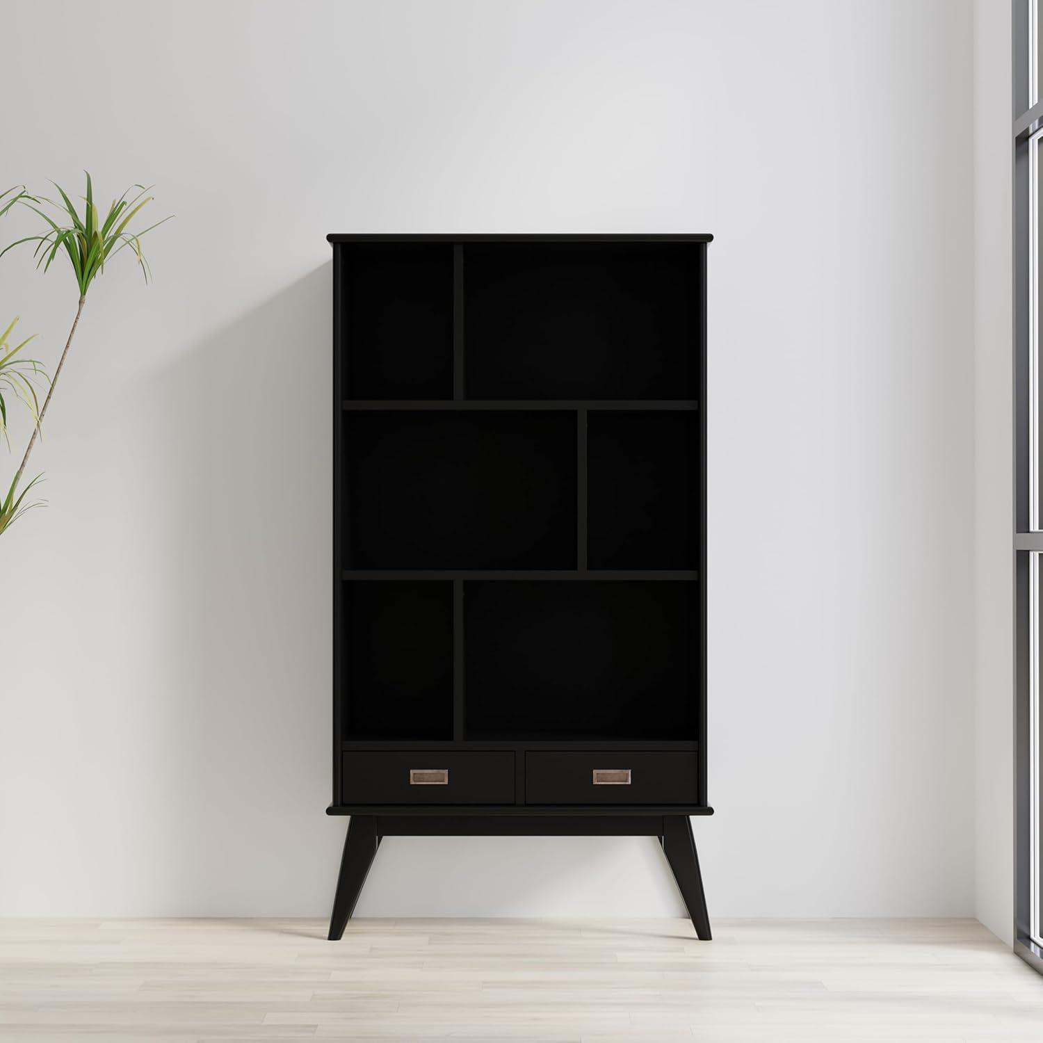 Simpli Home Draper SOLID HARDWOOD 64 inch x 35 inch Mid Century Modern Wide Bookcase and Storage Unit in Black