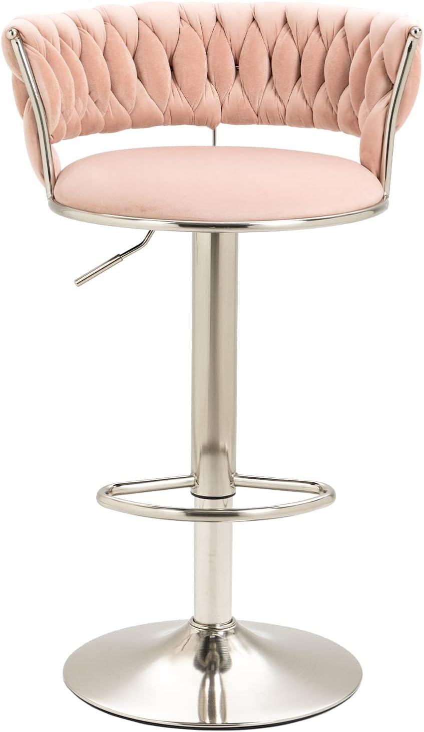 Kakotito 360° Velvet Swivel Bar Stools with Low Back & Footrest, Adjustable Counter Barstools, Silver Bar Stool (Set of 2 - Silver Version, Pink)