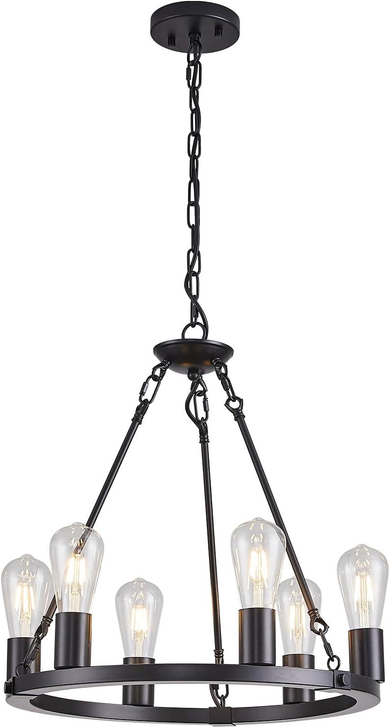 Matte Black Metal Wagon Wheel 6-Light Chandelier