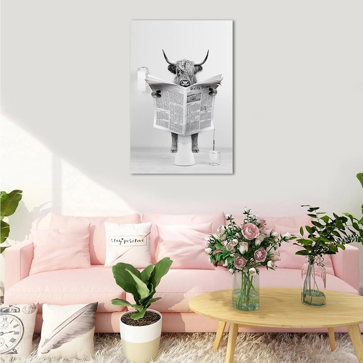 Modern Black Framed Highland Cow Wall Art Minimalist Bathroom Wall Decor Cute Funny Animals Artwork Canvas Prints Ready to Hang for Guest Bathroom, Hotel, Condo, Kids Bathroom, 12”x16”